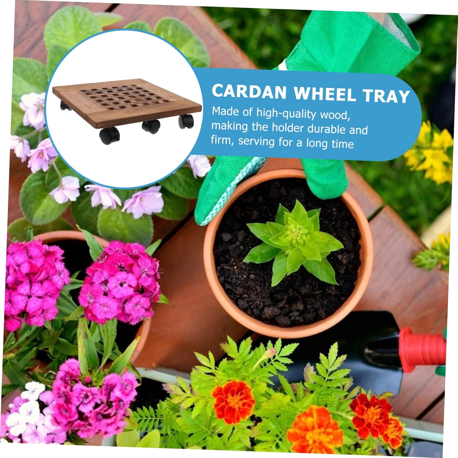 Movable Flowerpot Base Tray with Lockable Wheels, 35X35Cm Thickened Solid Wood Planter Pallet for Indoor Outdoor Garden, Heavy-Duty Plant Pot Holder with 6 Reinforced Swivel image number 5