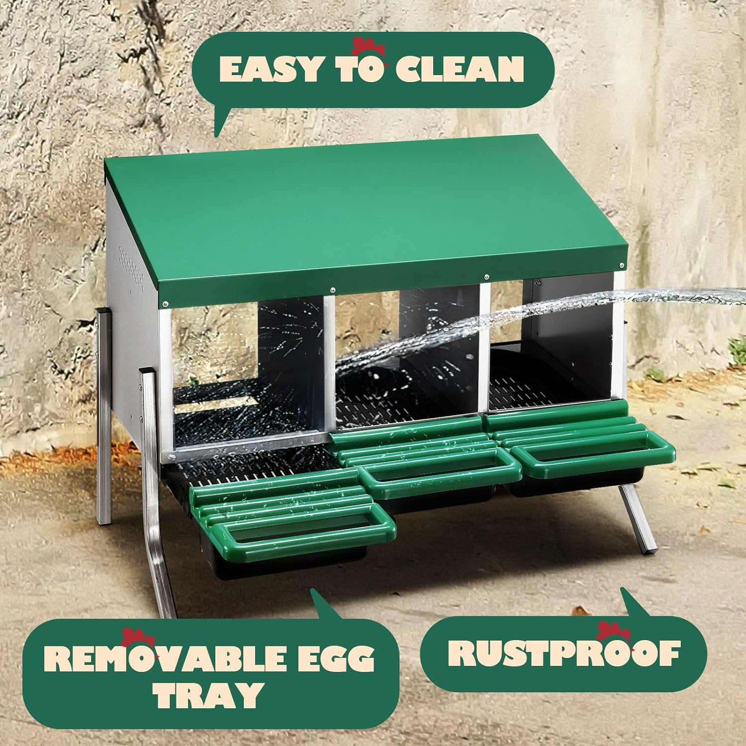 Chicken Nesting Box 3 Compartments Roll Away Hen Chook Laying Nest Boxes Coop Poultry Egg Brooder Roost Perch Galvanised Steel Plastic with Stand image number 6
