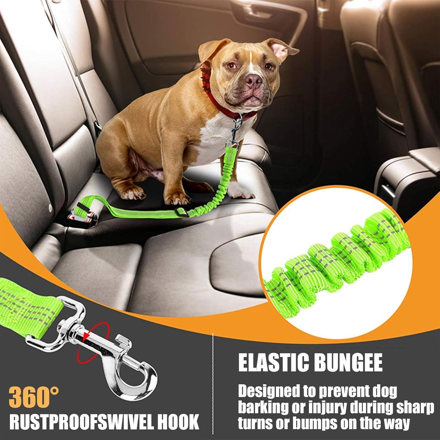 Green Adjustable Dog Car Seat Belt - Stretchable Bungee Safety Harness with Clip Buckle for Pet Travel in Truck & Vehicle image number 2
