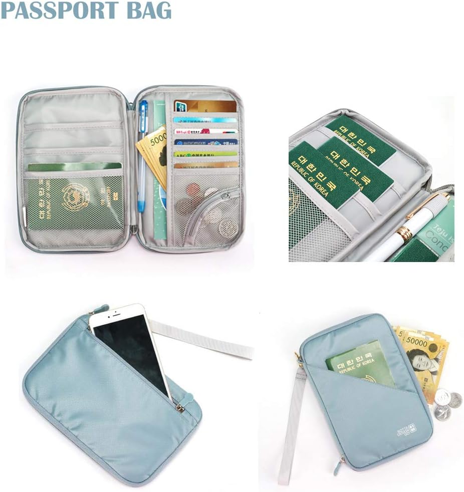 Family Passport Holder Portable RFID Blocking Credit Card Wallet Waterproof Travel Passport Wallet with Hand Strap for Men Women, Document Organizer Bag Fits Phone and Tickets image number 3
