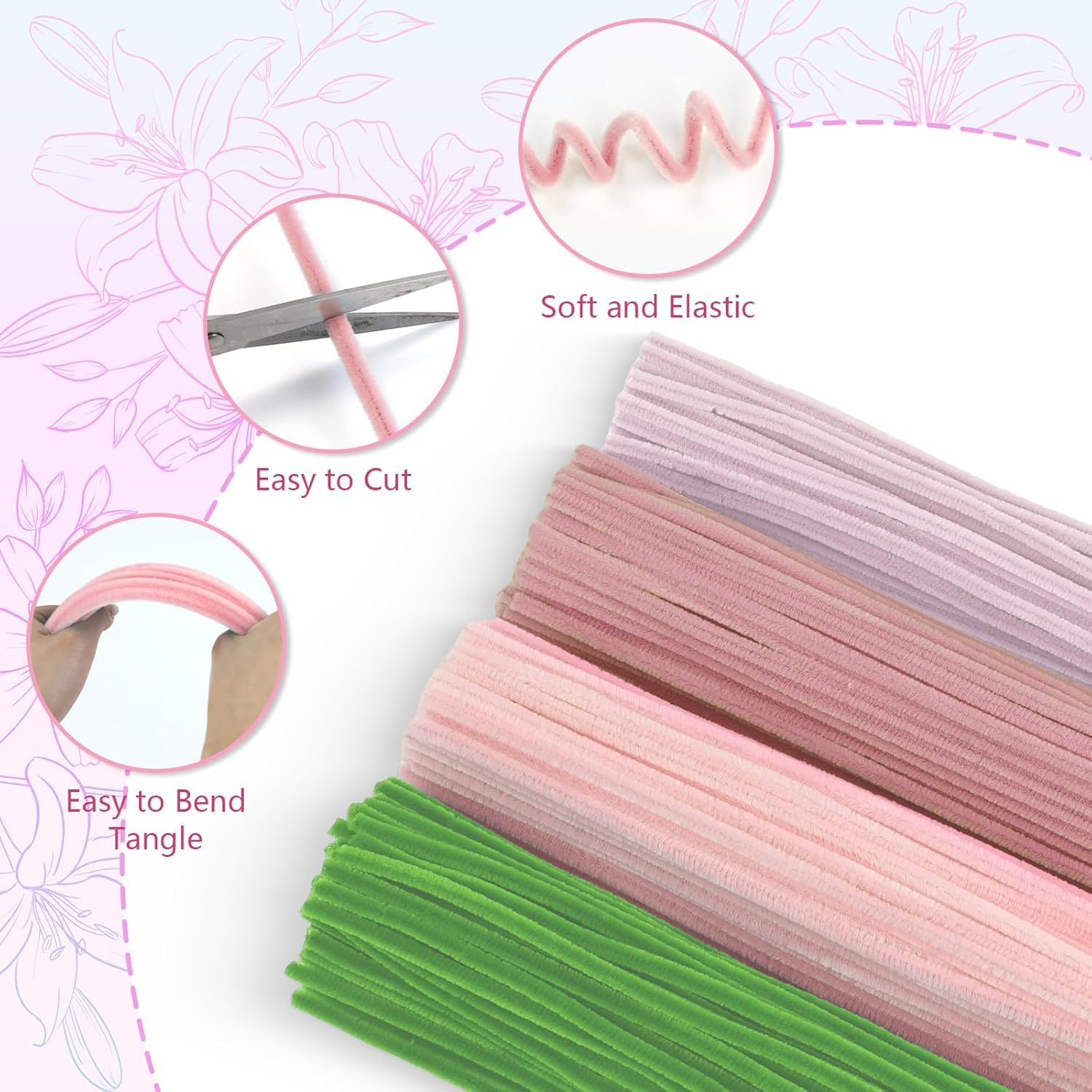 XUANZHI 400 Pcs Pipe Cleaners Craft,4 Assorted Colors Pipe Cleaners Bulk, Chenille Stems for DIY Flower Making Kit with Floral Wires, Gardening Tape,Stamen& Ribbon (Pink) image number 1