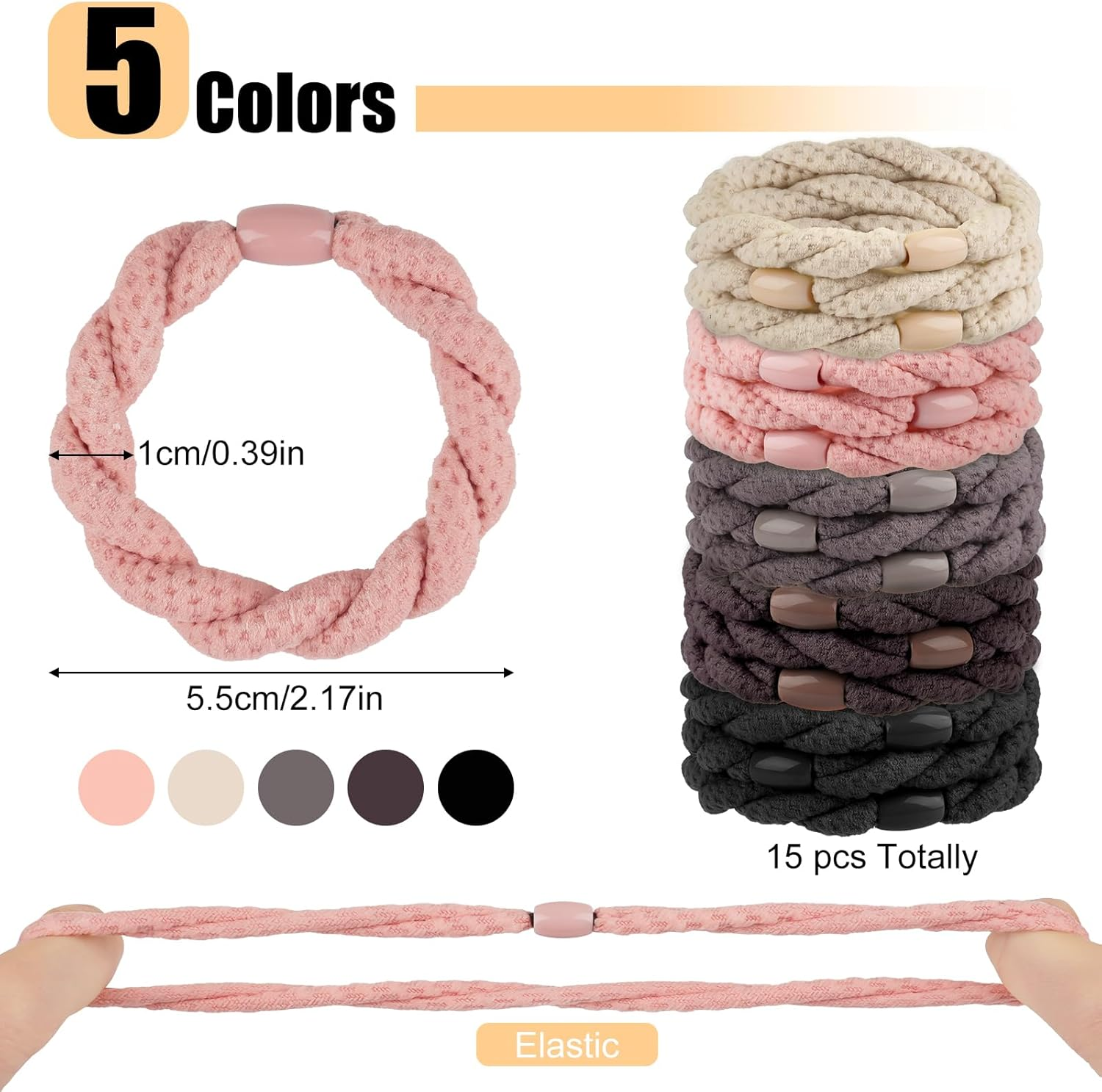 Women'S Hair Scrunchies, Pack of 15 Hair Bobbles, Elastic Braid Elastics, 5 Colours Braided Ponytail Holders for Women, Girls, Children, Thick and Curly Hair image number 3