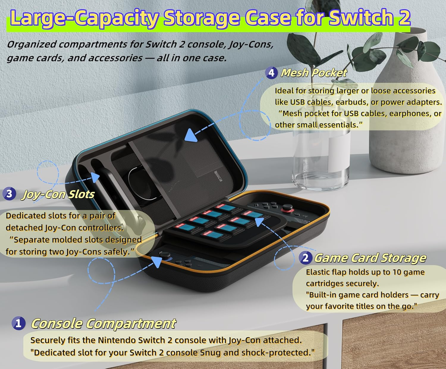 Wigmoa RC-7 Carrying Case Compatible with Switch 2, Portable EVA Hard Shell Travel Storage Bag with Space for Power Adapter, 2 Joy-Con Controllers, and 8 Game Cards. (Black)