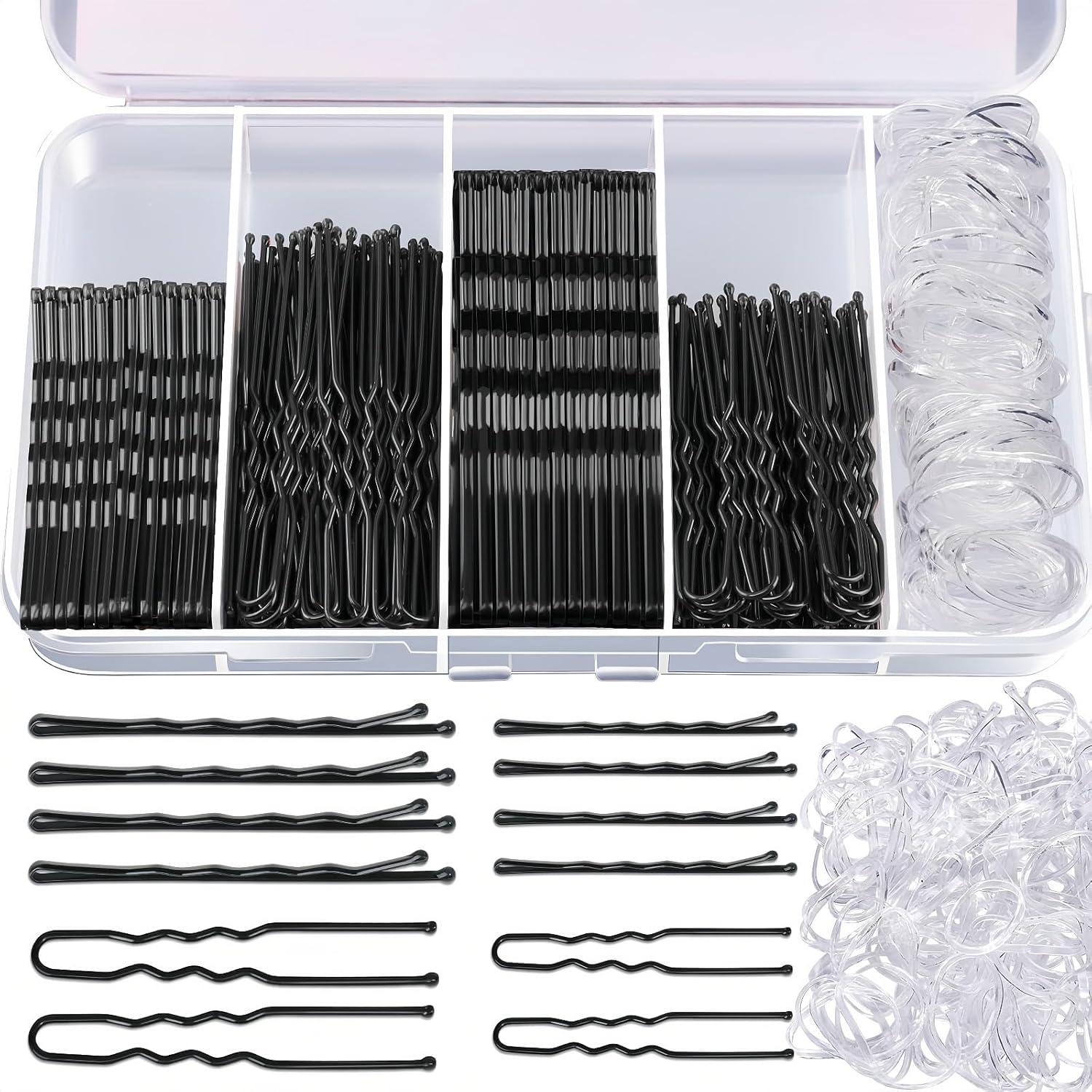 Hair Pins, Black, U-Shaped, Hair Pins, Small Bobby Pins Set with 100 Transparent Rubber Bands and Storage Box, Multiple Sizes, Suitable for Many Occasions image number 5