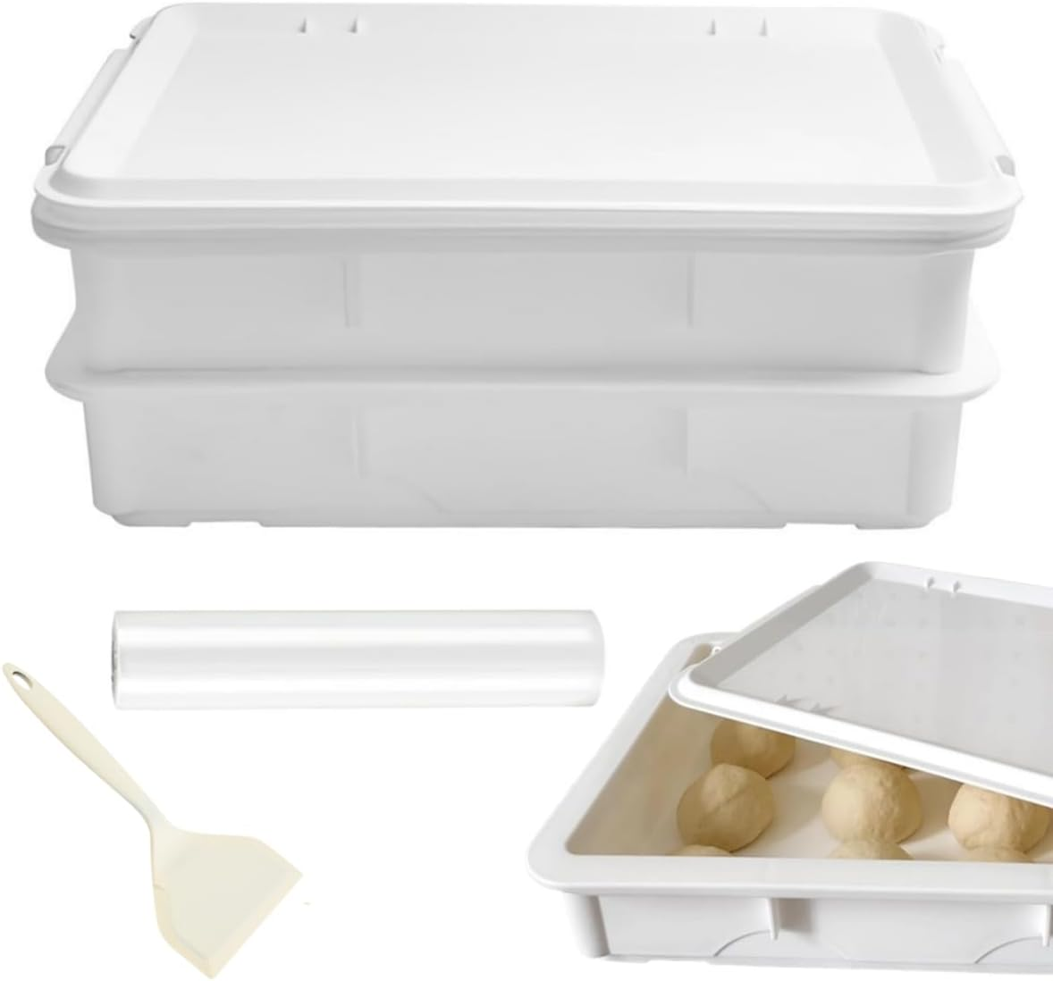 2 Pack Pizza Dough Proofing Box with Cover, Rectangle Homemade Bread Tray with Silicone Spatula, Stackable Pizza Dough Container, White, 17.6 X 12.6Inch image number 5
