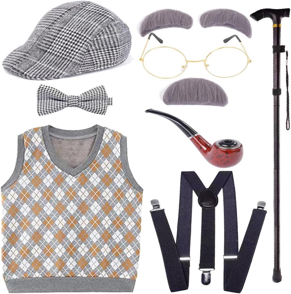 Kids 100 Days of School Costume for Boys - Old Man Costume Set with Many Parts, Old Person Costume