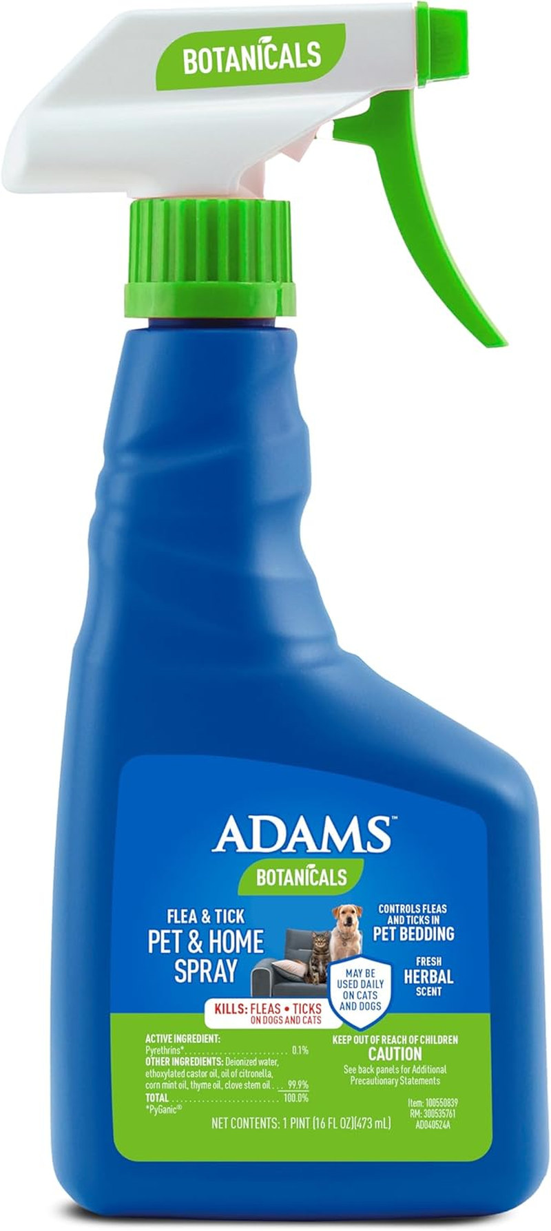 Adams Botanicals Flea and Tick Pet and Home Spray, Kills Fleas and Ticks; Plant-Based Protection with Essential Oils; Controls Fleas and Ticks in Pet Bedding; 16 Ounces