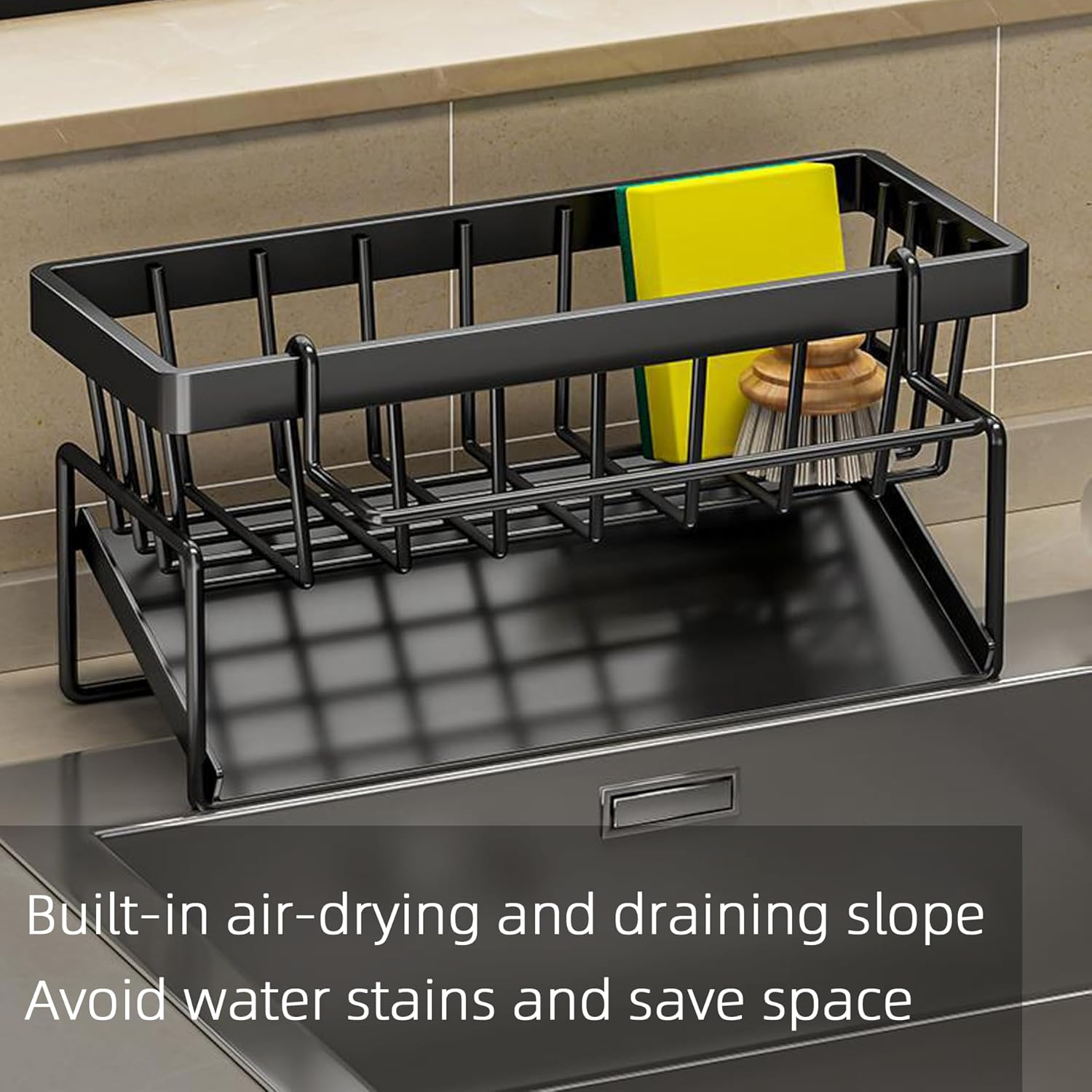 Kitchen Sink Caddy Organiser, Food Grade Stainless Steel. Sponge Holder, Automatic Drainage, Dish Soap Scrubber Brush Dishcloth Holder Rack, Kitchen and Bathroom image number 2