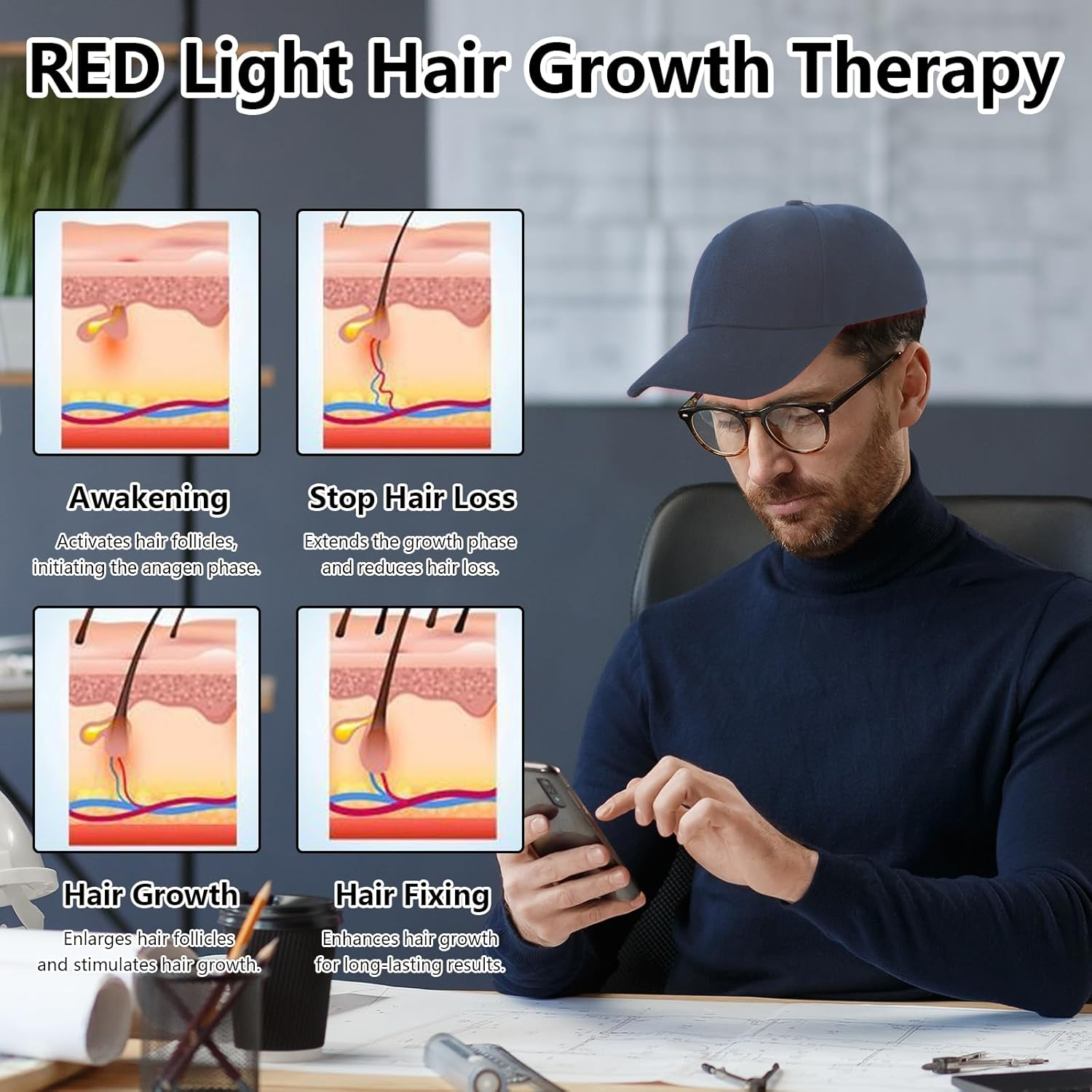 Hair Growth Cap with Red and Blue Light, 4 Modes Irradiation, Lightweight Design, Comfortable & Rechargeable, for Daily Use for Hair Care and Anti-Hair Loss image number 3