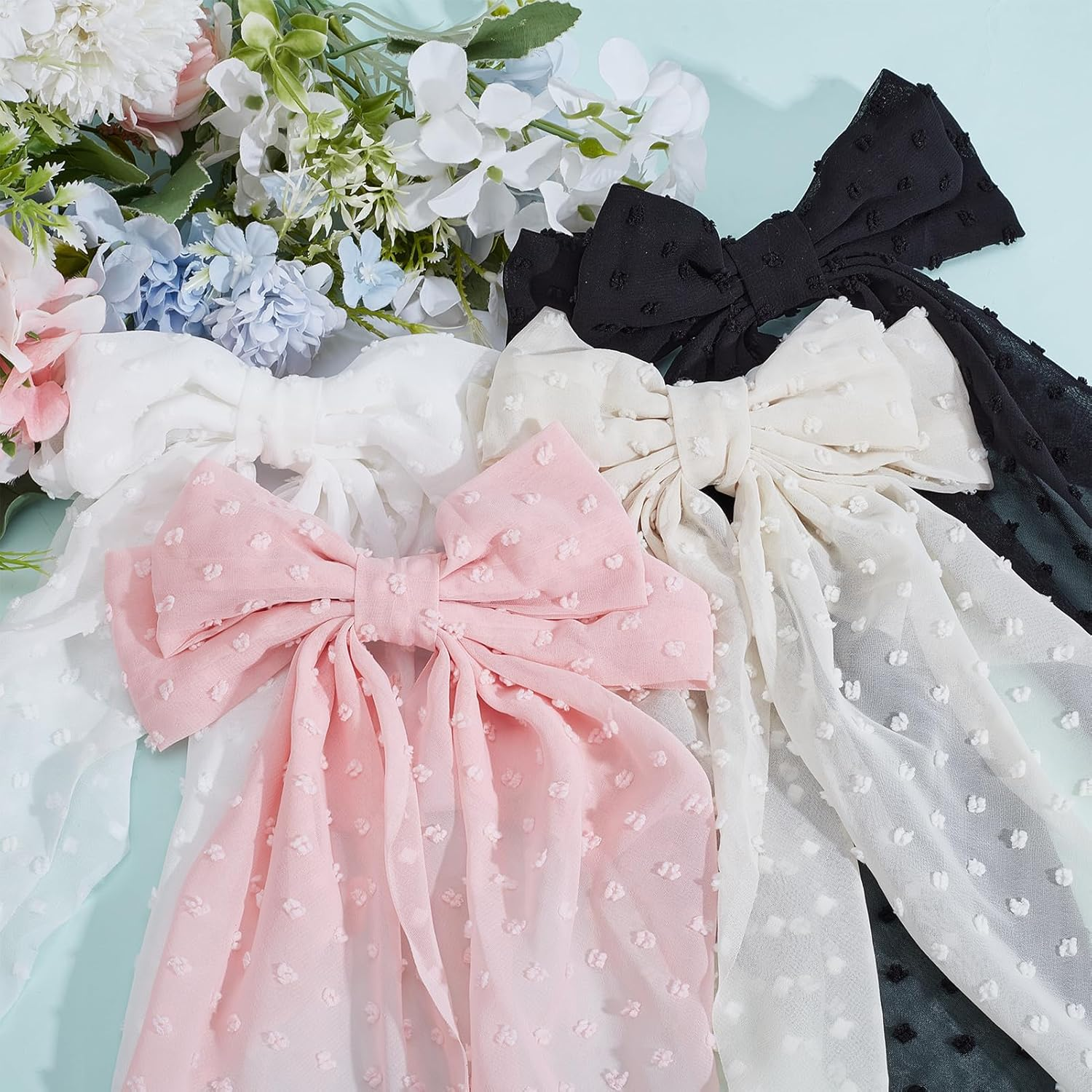 NICENEEDED 4PCS Large Hair Bows, Cute Oversized Ribbon Bows for Women in Beige Light Pink White Black, Hair Barrettes for Different Occasions image number 3