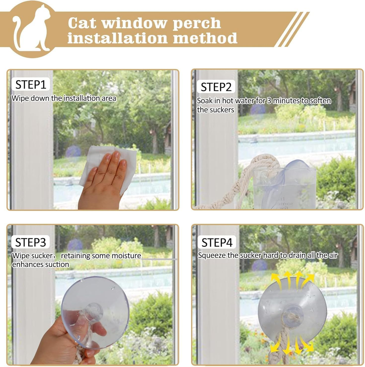 Cat Window Perch, Macrame Cat Hammock Boho Wall Mounted Pet Resting Seat Bed for Sunbathing, Napping & Overlooking with 4 Seat Suction Cups(No Pet Mat Included) image number 3