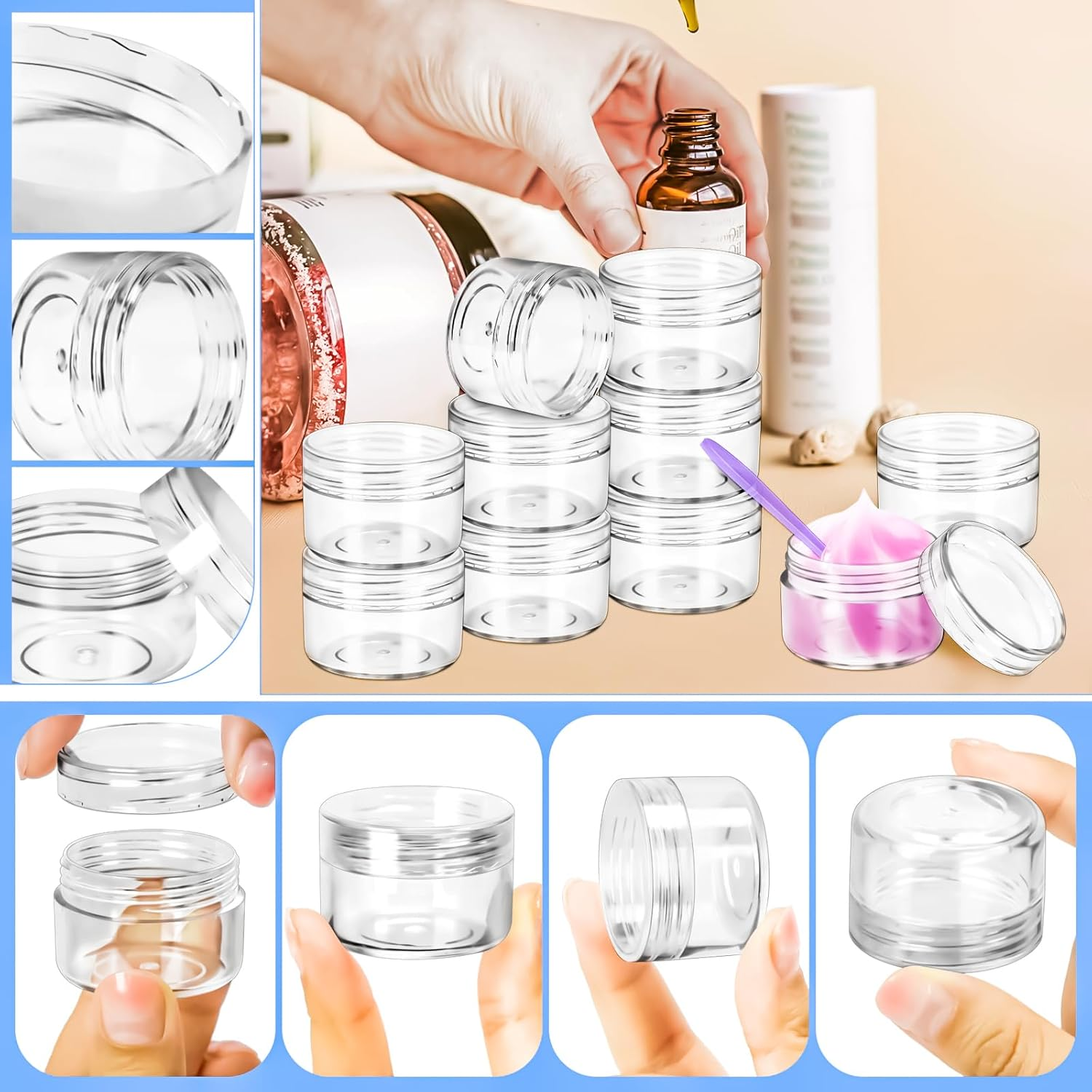 Motbach 40 PCS 15G Empty Plastic Containers with Clear Lids,Small Makeup Sample Containers,0.5Oz Small Sample Pot Jars round Travel Cosmetic Jars with Spatulas for Liquid Sample Powder Cream Lotion image number 6