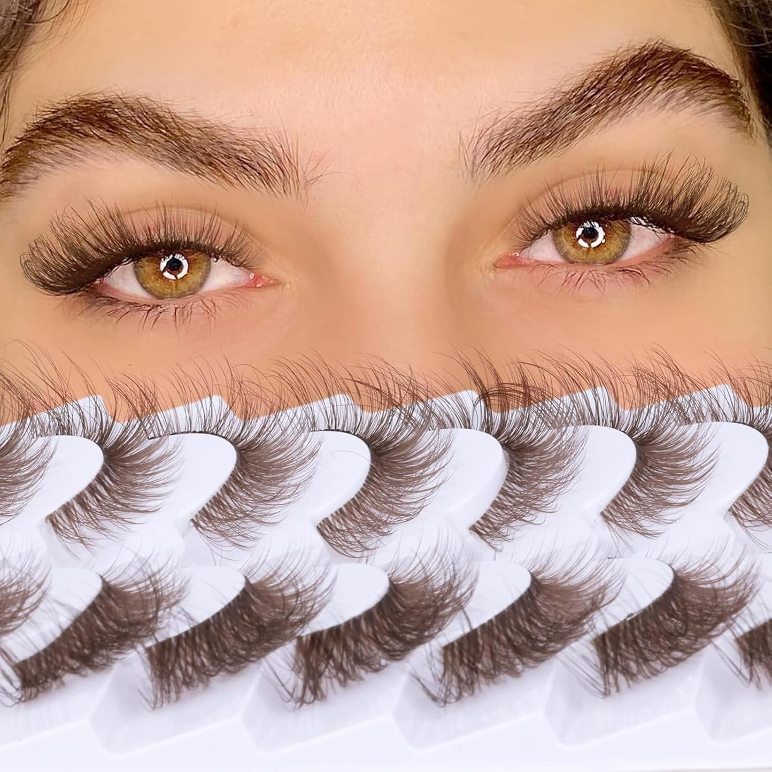 7 Pairs Natural Soft Eyelashes, Brown Curl Cat Eye Wispy, Clear Band Fluffy Strip Lashes, Fox Eye Long Volume Fake Eyelashes image number 6