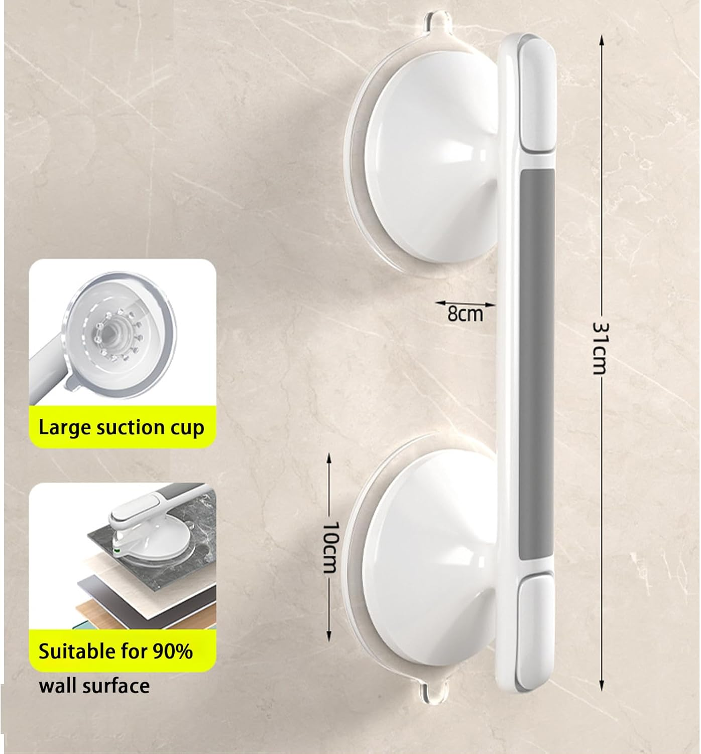 12 Inch Shower Handle Suction Cup Grab Bar for Shower Elderly and Disabled Bath Safety Assist Device Bathroom Safety Handrail image number 2