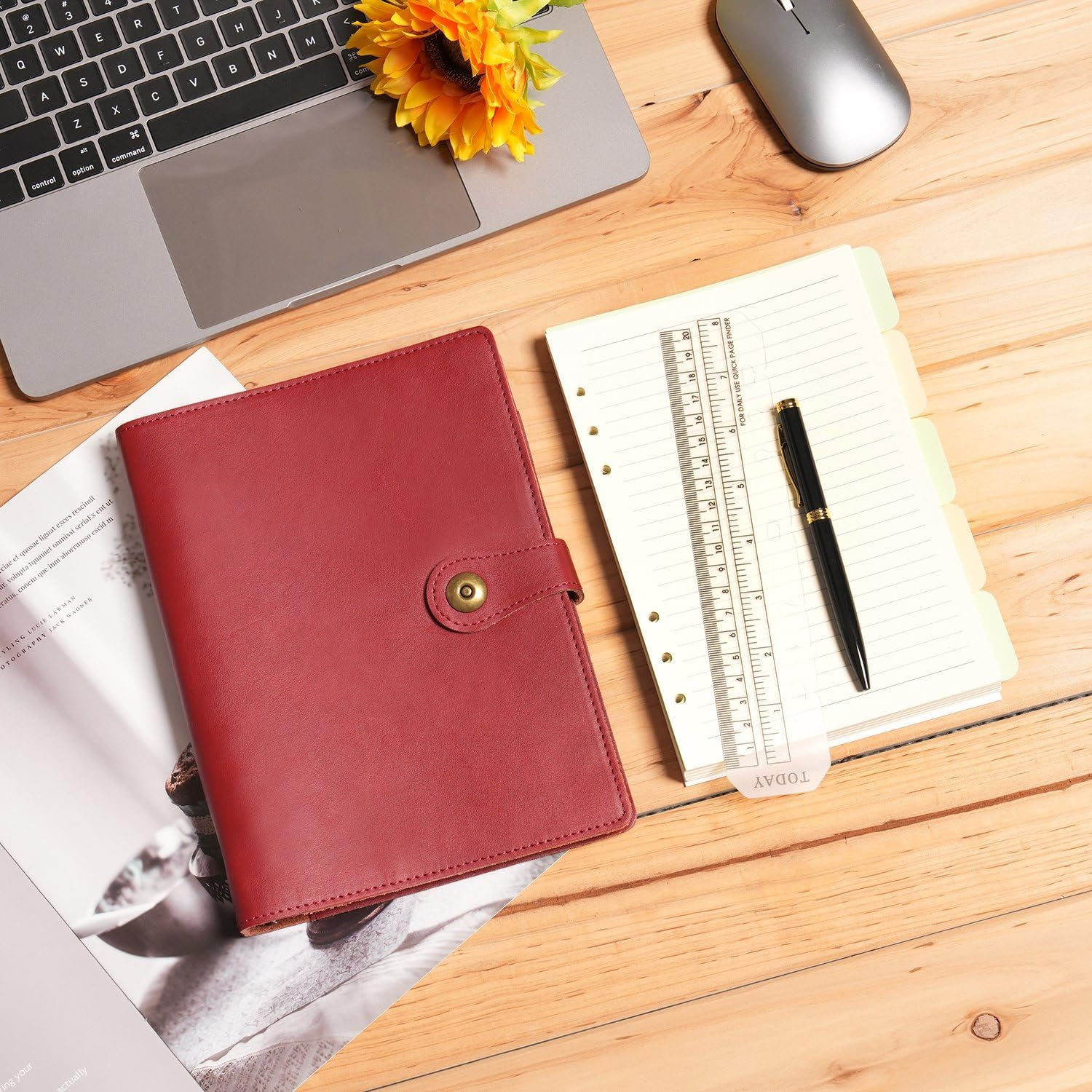 Wonderpool A5 Binder Journal Leather Spiral Notebook Refillable College Ruled Paper, Budget Binder Rings Diary Organizer with Pen for Office School Travel Business Planning Writing (Wine Red,A5)