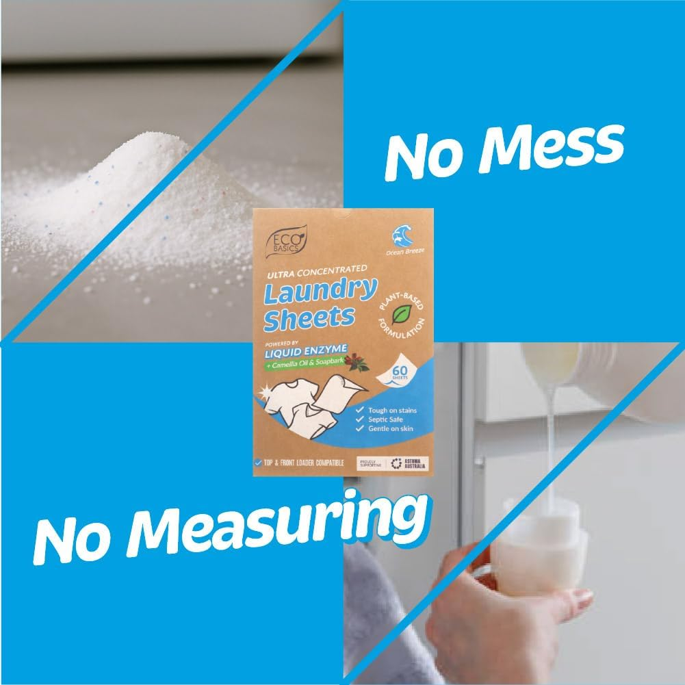 Eco Basics Ultra Concentrated Laundry Detergent Sheets - Ocean Breeze (60 Sheets) Plant-Based Liquid Enzyme, Sensitive Skin Safe &ndash; Plastic-Free, Septic Safe, Tough on Stain