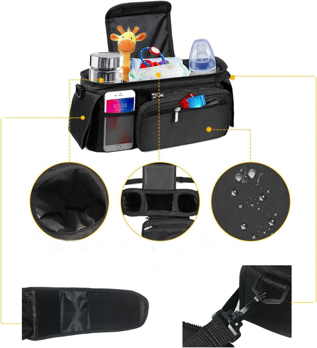 Anfylife Unversal Stroller Organizer with 2 Insulated Cup Holders, Adjustable Hook + Strap, 8-Pocket Diaper Caddy & Wipe Dispenser, Suitable for Newborns and New Parents,Black image number 6