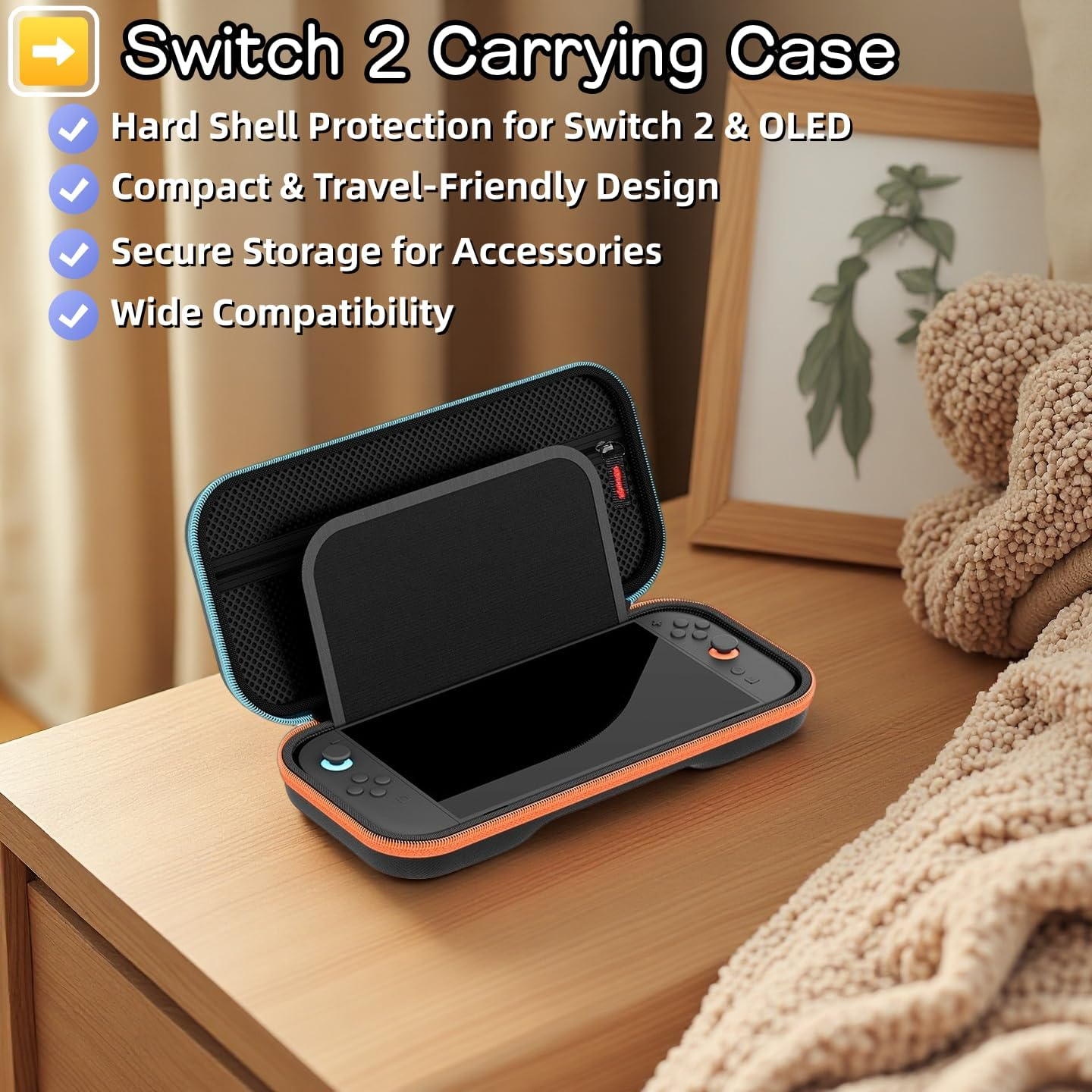 NQQNQQ YS-1 Switch 2 Carrying Case Compatible with Switch 2 (2025)/Switch/Switch OLED, Hard Shell Travel Case with Accessory Storage & 12 Game Card Slots. (Blue/Orange) - Black image number 3