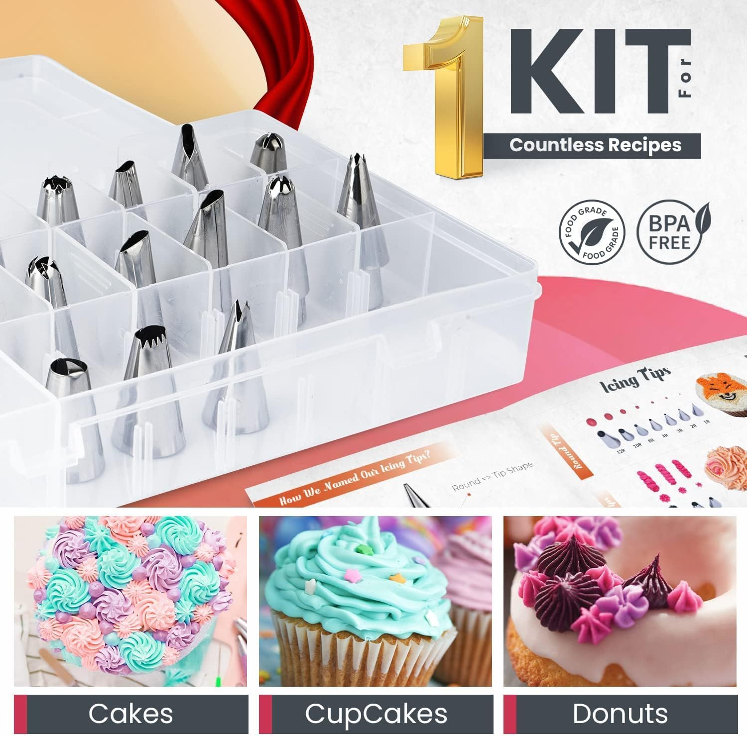 RFAQK 100Pcs Piping Bags and Nozzles -48 Numbered Icing Tips Set, Cookie Cupcake, Cake Decorating Kit Baking Supplies Tools Frosting Piping Tips, Reusable & Disposable Pastry Bags Icing Spatula image number 3