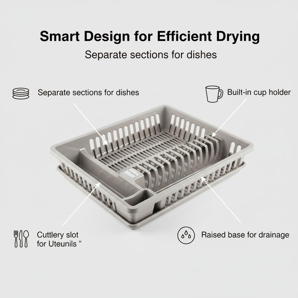 LEDON Dish Drying Rack with Drainboard & Cutlery Holder, Single-Tier PVC Dish Drainer for Kitchen Counter, Rust-Free, No-Setup Plate, Bowl & Cup Organizer (36&times;46&times;10Cm, Random Color)