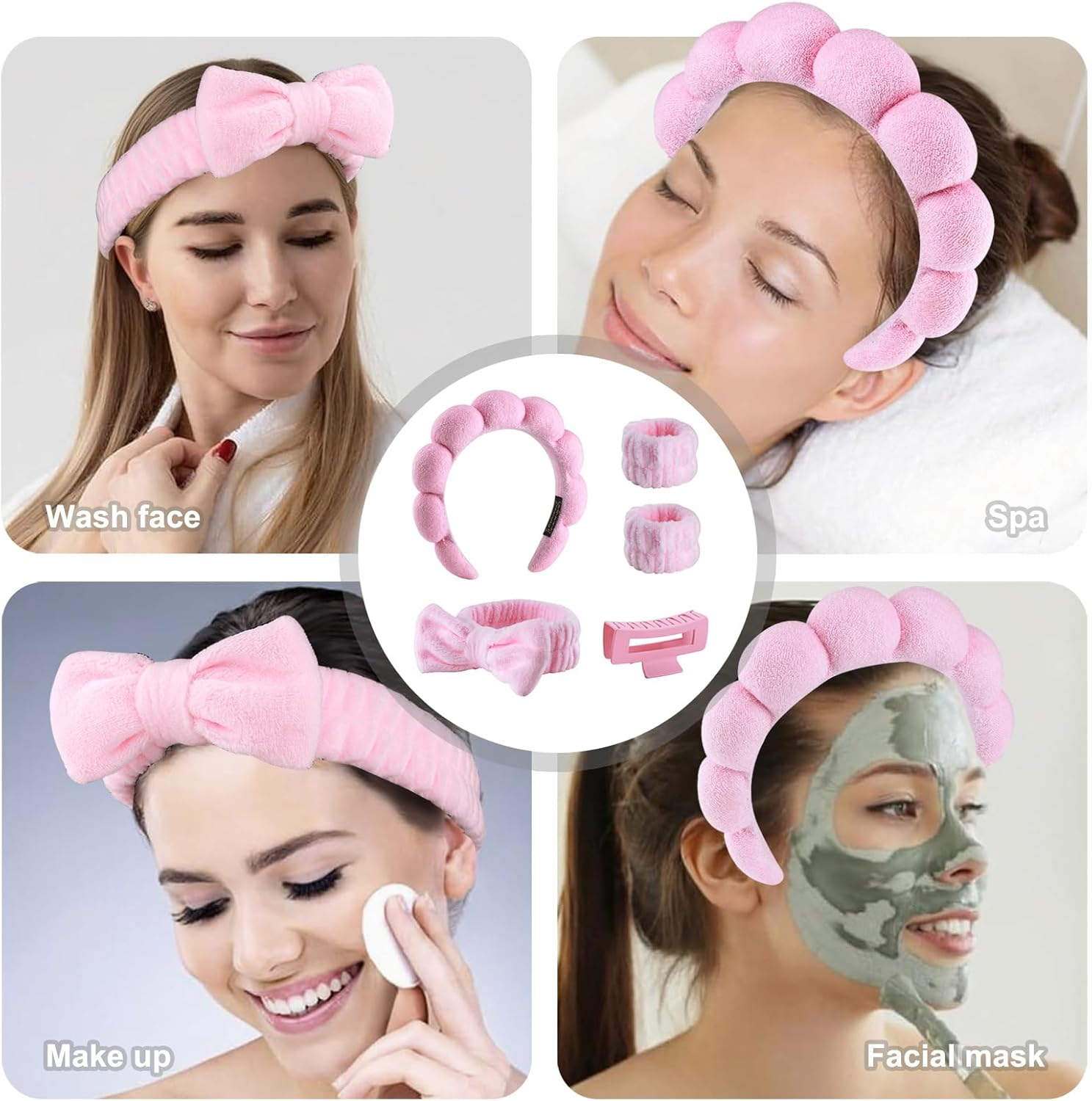 5-Piece Spa Facial & Hair Care Set &ndash; Pink Hair Clips, Terry Cloth Headband, Wristband, Elastic Band & Plush Sponge Makeup Headband
