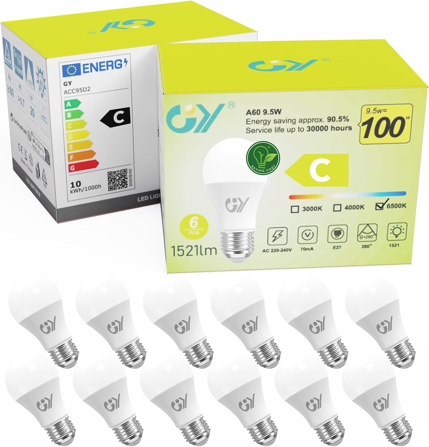 GY Screw Light Bulbs,E27 LED Bulbs Neutral White 4000K 6.5W Equivalent 75W,1050 Lumen Ultra Energy Saving Class-C Light Bulbs,Non-Dimmable,6-Pack