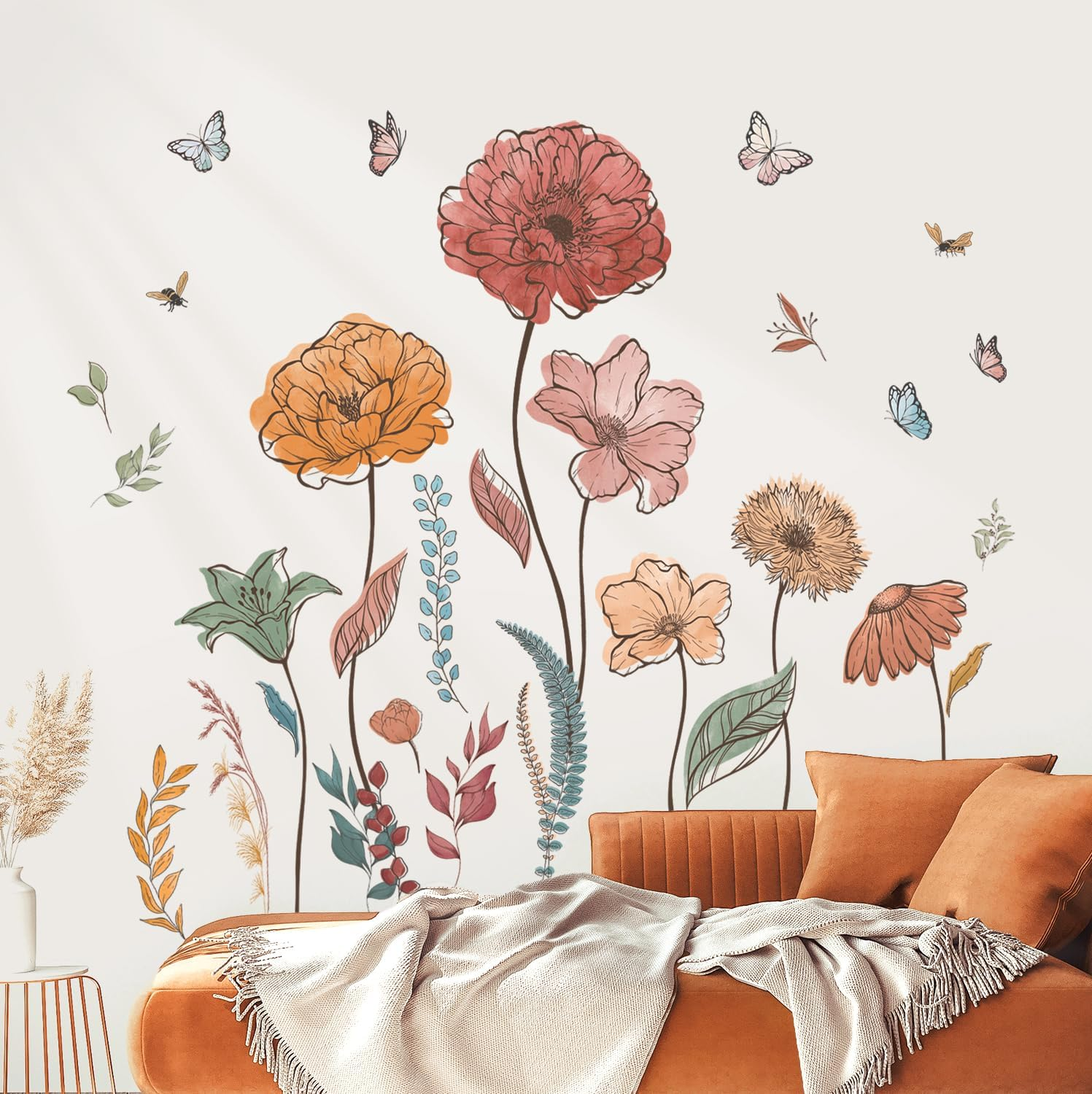 DECOWALL SG2-2420 Boho Flowers Wall Stickers Wildflower Floral Grass Garden Bedroom Living Home DIY Decor Art Colorful Pink Plants Removable Murals Nursery Leaves Leaf Potted Decoration image number 1