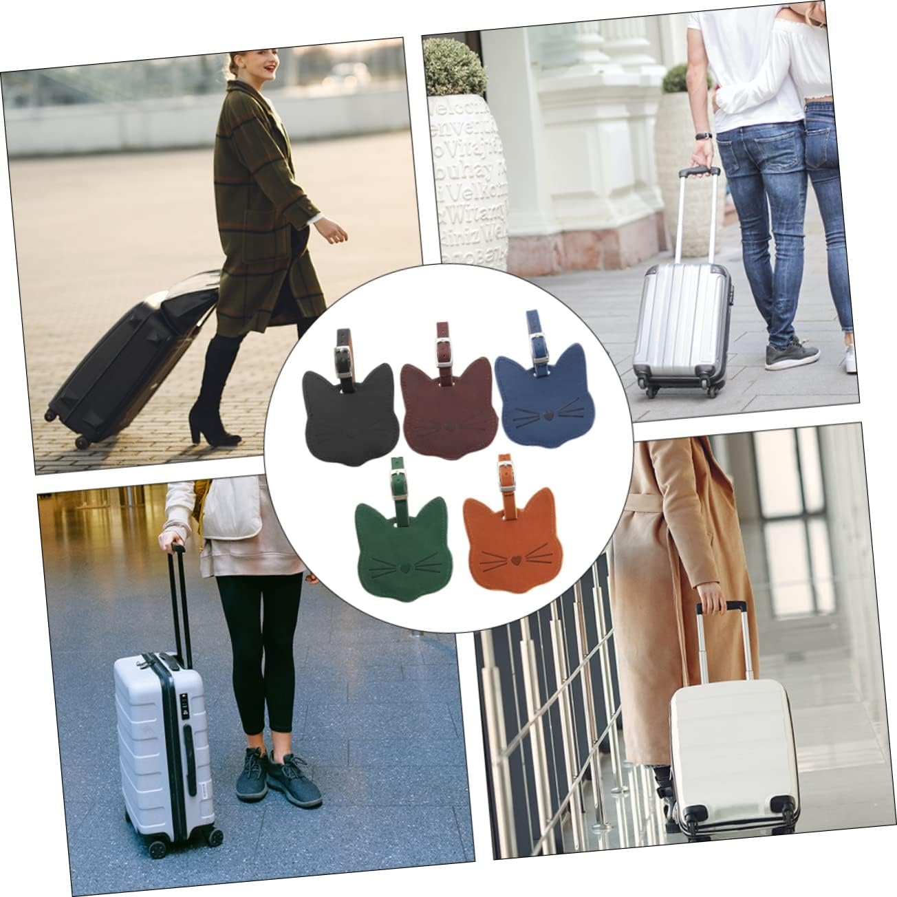 OFFSCH 2Pcs Pu Leather Luggage Tag Cat Head Design for Suitcases for Cruise Travel Carry Bag Baggage Identification Leather Strap and Id Window Random Color image number 4