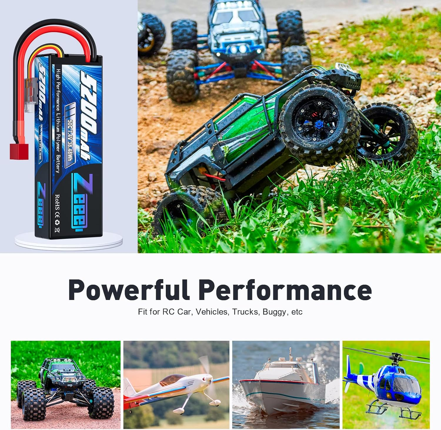 Zeee 2S Lipo Battery 7.4V 5200Mah 50C Hard Case Battery with T Connector for RC Truck Truggy Heli Airplane Drone FPV Racing