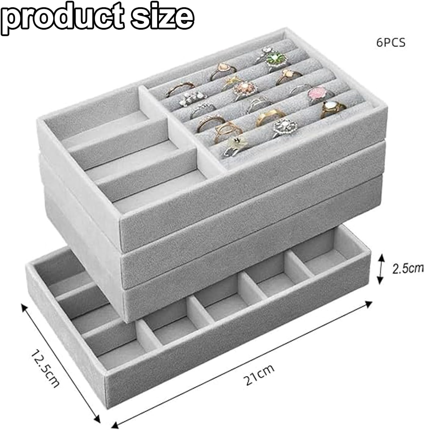 WEZCHUGHAOL Velvet Jewellery Storage Trays, Set of 6, Stackable Organiser for Drawers, Grey image number 4