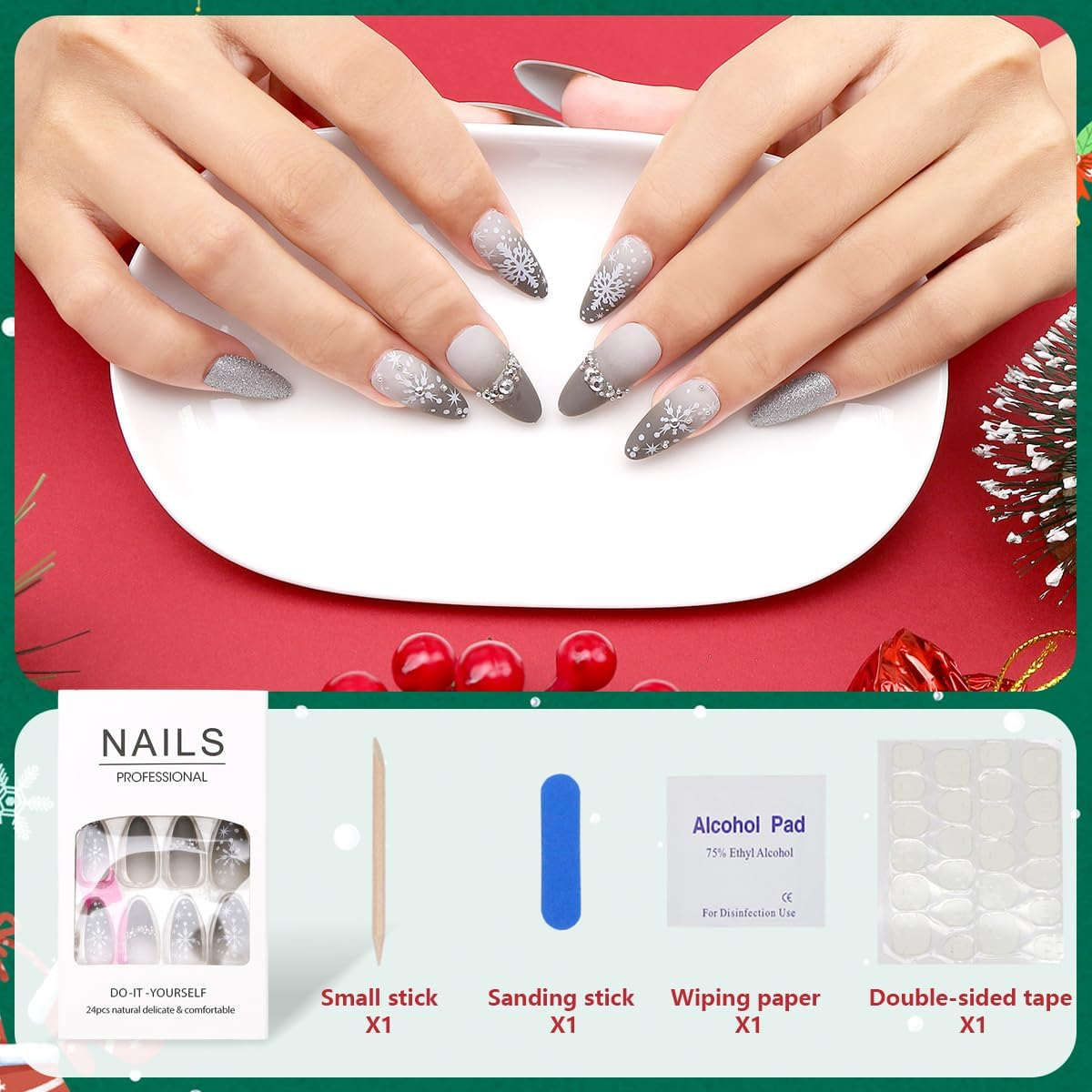 Vhxmaizxn Christmas Press on Fake Nails Full Cover Acrylic Nail False French Snowflake Grey Gradient Glitter Rhinestone Natural Matte Oval Women Girl Manicure with Gel 24 Pcs - French Short image number 3
