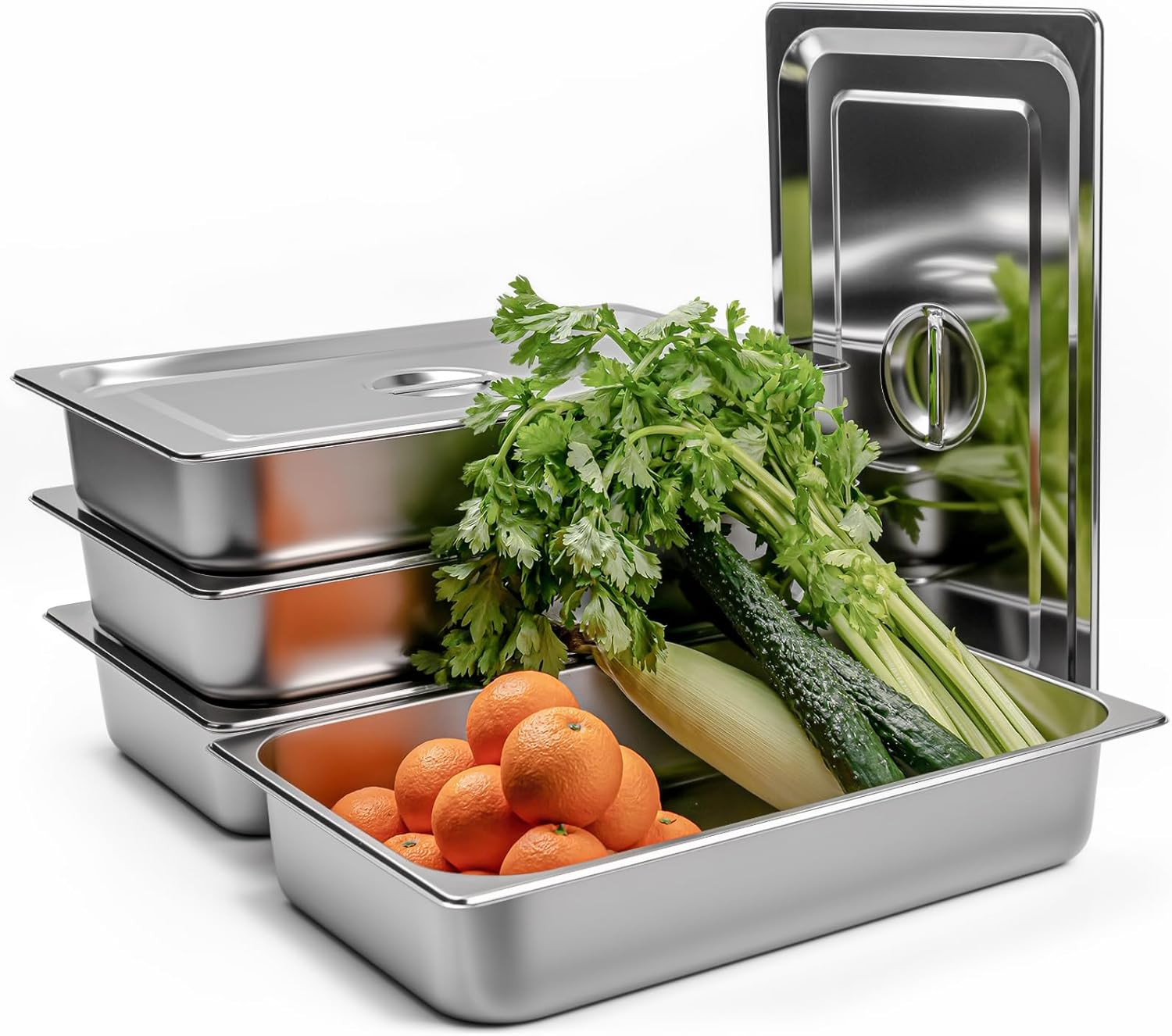 LZONEY Stainless Steel Hotel Pans 1/1 Full Size X 4" Deep Steam Table Pan with Lid, 4 Pack 0.8 Mm Thick anti Jam Pan Stainless Steel Steamer Pan for Hotel, Restaurant, Buffet image number 4