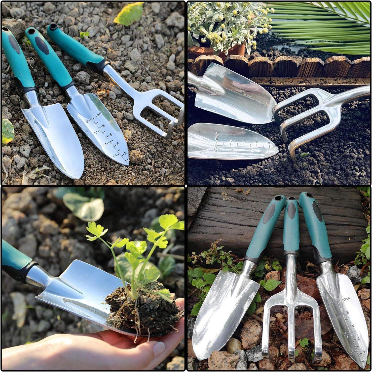 Garden Tools Set, 3 Piece Heavy Duty Gardening Tools Cast Aluminum with Soft Rubberized Non-Slip Handle, Durable Garden Hand Tools Garden Gifts for Digging Planting Transplanting (Green) image number 2