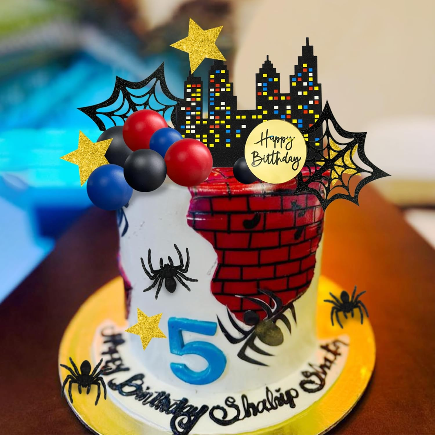 DRWATE Spider Cake Topper with Black Red and Blue Balls Spiders Webs Stars City for Boys Men Birthday Party Baby Shower Supplies (City) image number 2