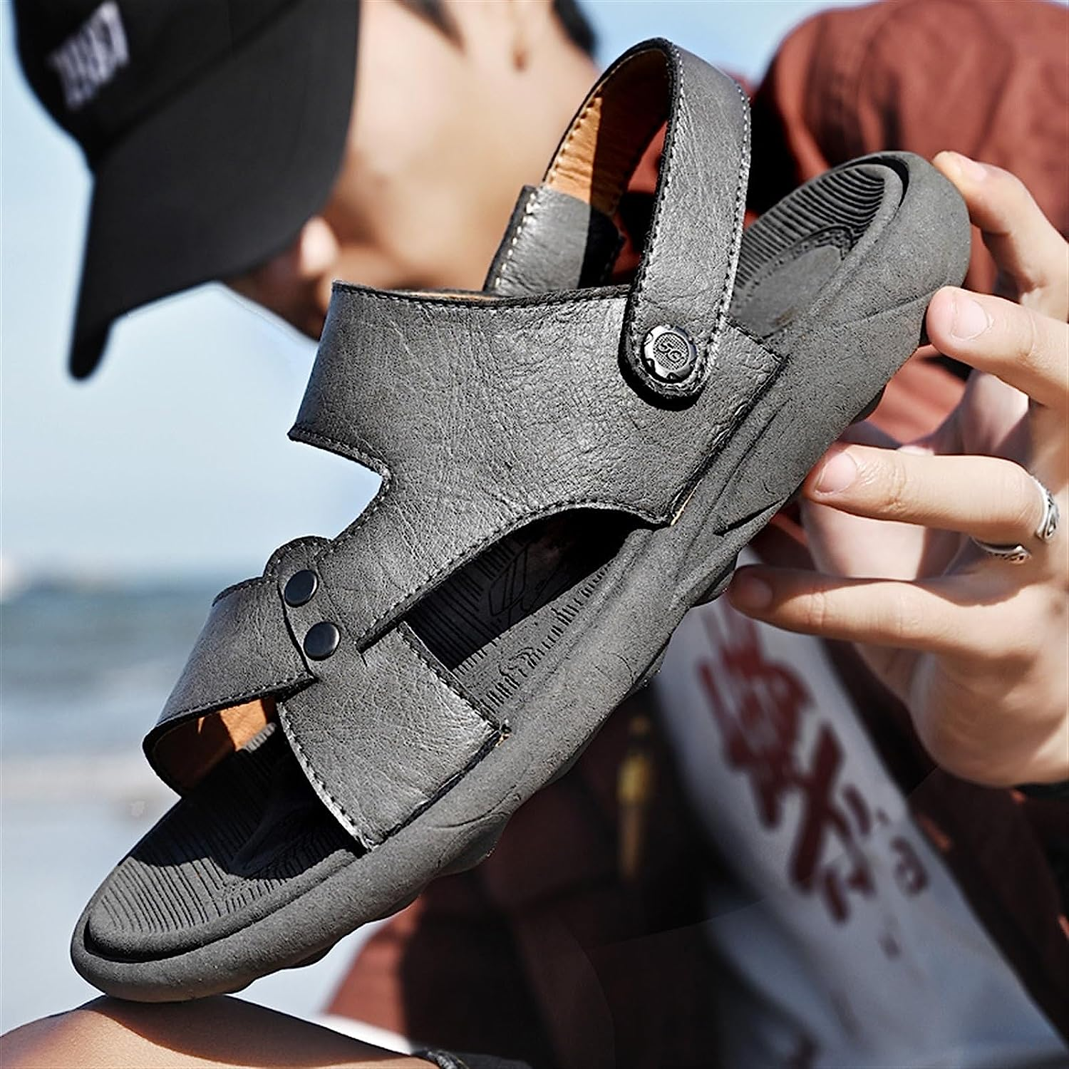 Summer Sandals Men Casual Beach Shoes Leather Thick Sole anti Slip Male Open Toe Shoes Black Brown Arch Support (Color : Khaki, Size : 8) image number 1