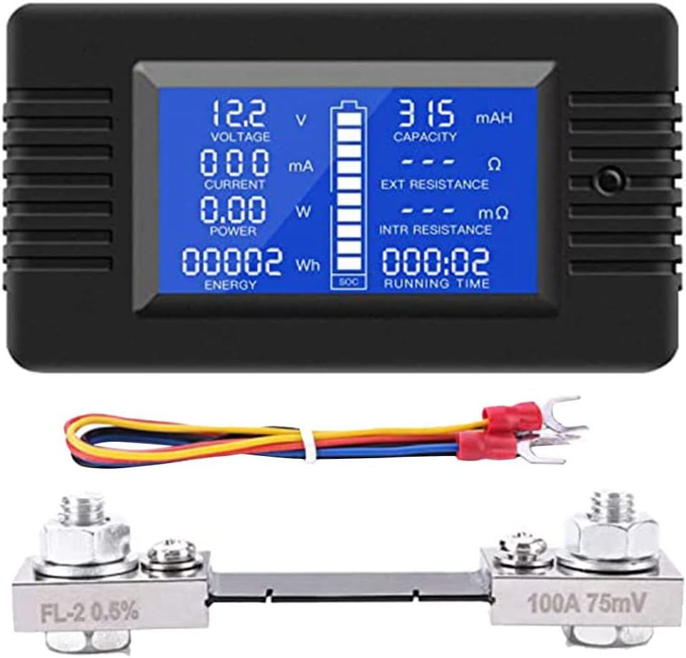 DC Battery Monitor Power Meter Ammeter Digital DC 0-200V Shunt 100A Multimeter, Meter Voltmeter Capacity Tester