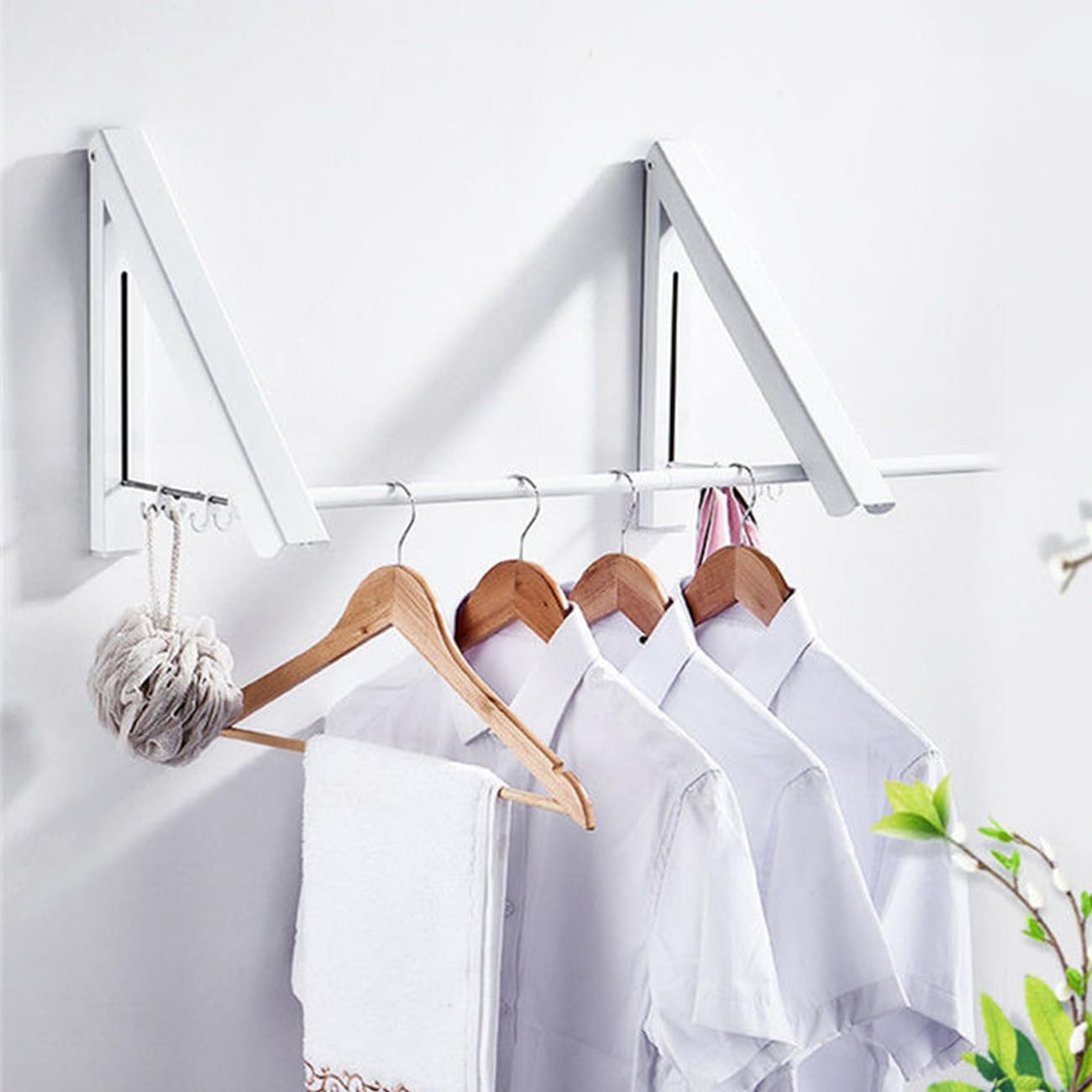Foldable Wall Mounted Drying Rack with 80CM Extension Rod，Heavy Duty Aluminum Telescopic Clothes Hanger for Laundry Room Organisation Storage Drying Hanging Clothes with Drying Rod (2-Pack, White) image number 5