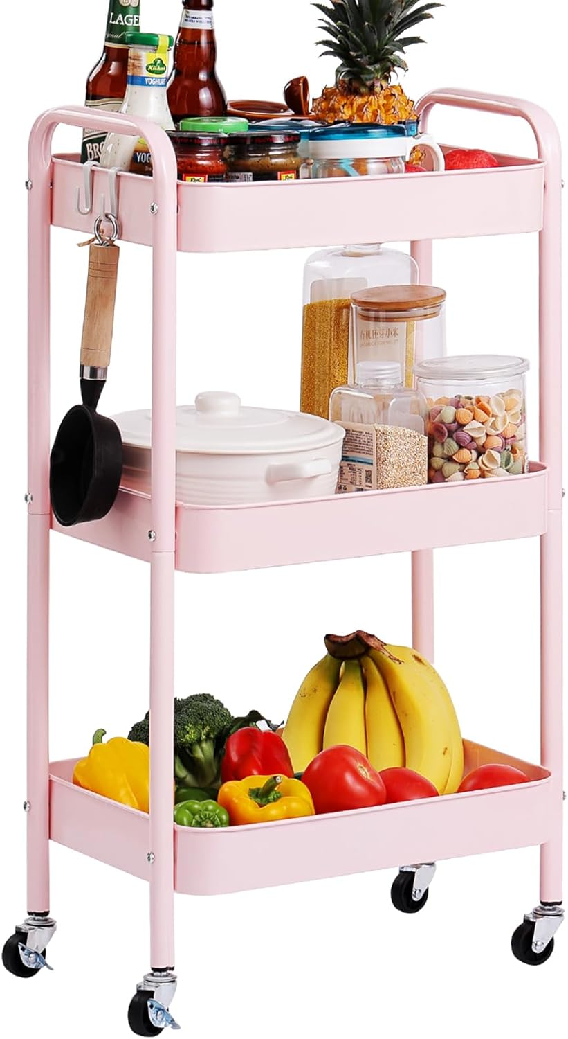 Tiita 3 Tier Rolling Utility Cart, Metal Storage Utility Organizer Cart with Wheels, Slim Rolling Cart Organizer for Kitchen, Bathroom, Office, Pink