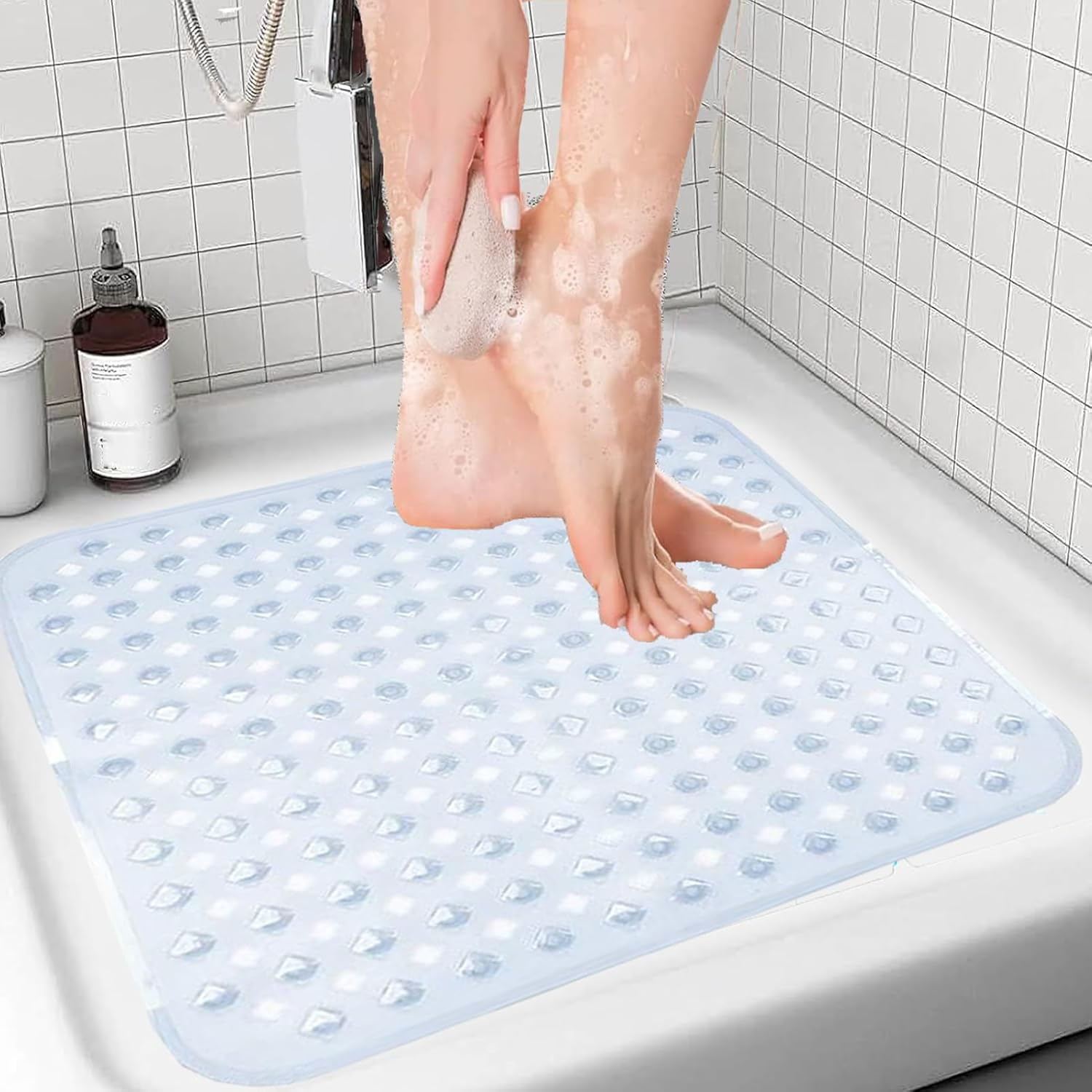 Non Slip Shower Mat,Square Shower Mat Non Slip anti Mold 21 X 21Inch Bathtub Mat with Suctions Cups and Drain Hole,Non-Slip Stall Mat for Elderly Bathroom,Machine Washable,Clear White image number 1