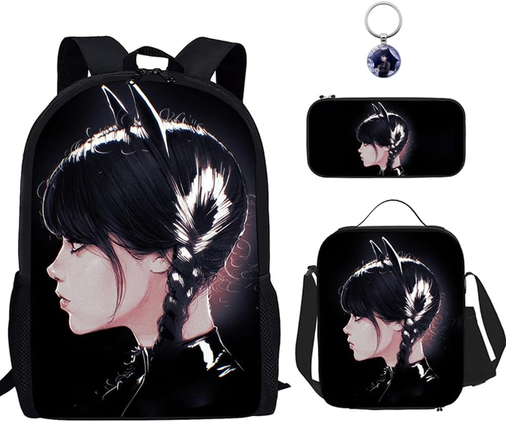 AII Lover 3Pcs Wednesday Backpack Keychain,16.5In Lightweight 3D Print Large Capacity Bookbag Travel Outdoor Camping Daypack School Bag.