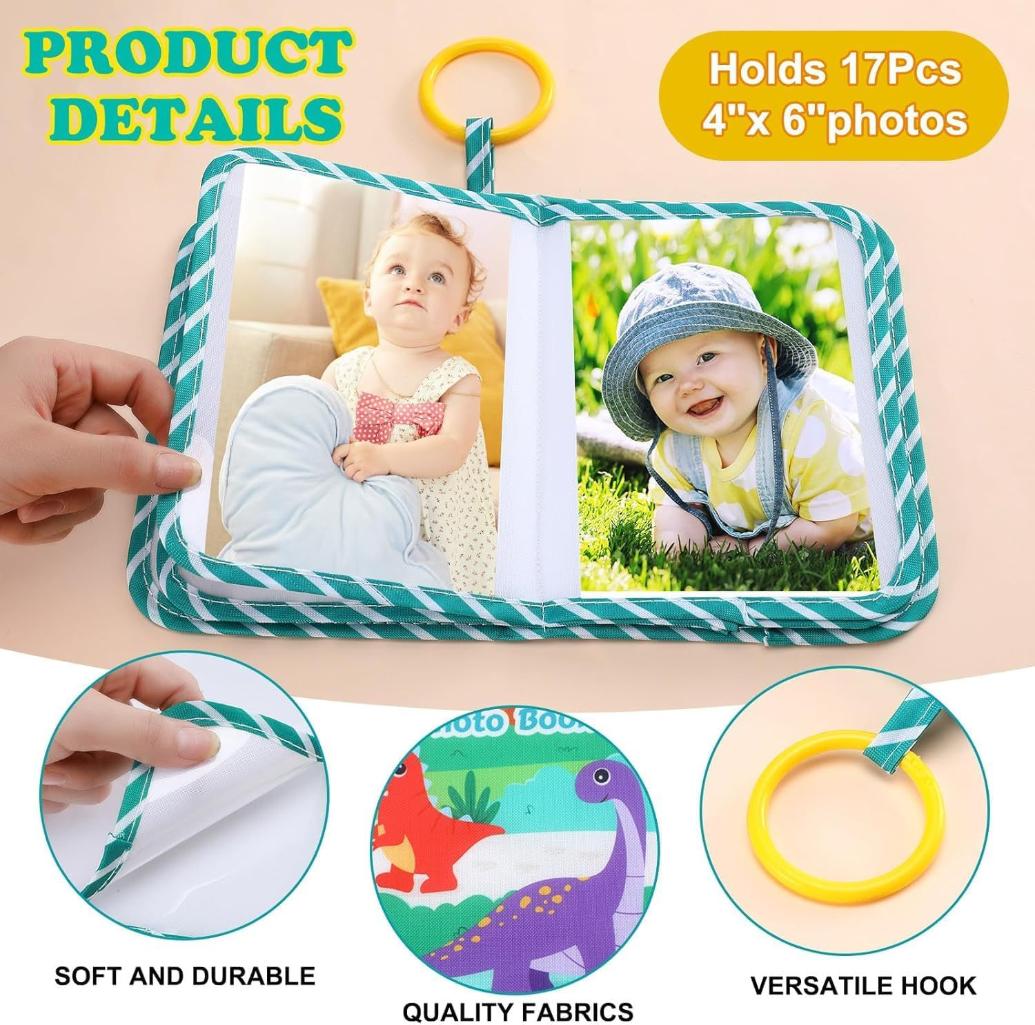 Baby Photo Album First Family Memory Book for Newborns, Toddlers Soft Photo Cloth Book with Mirror, Quality Gifts for Girls and Boys, 1St Birthday, Baby Shower (Green Dino) image number 2