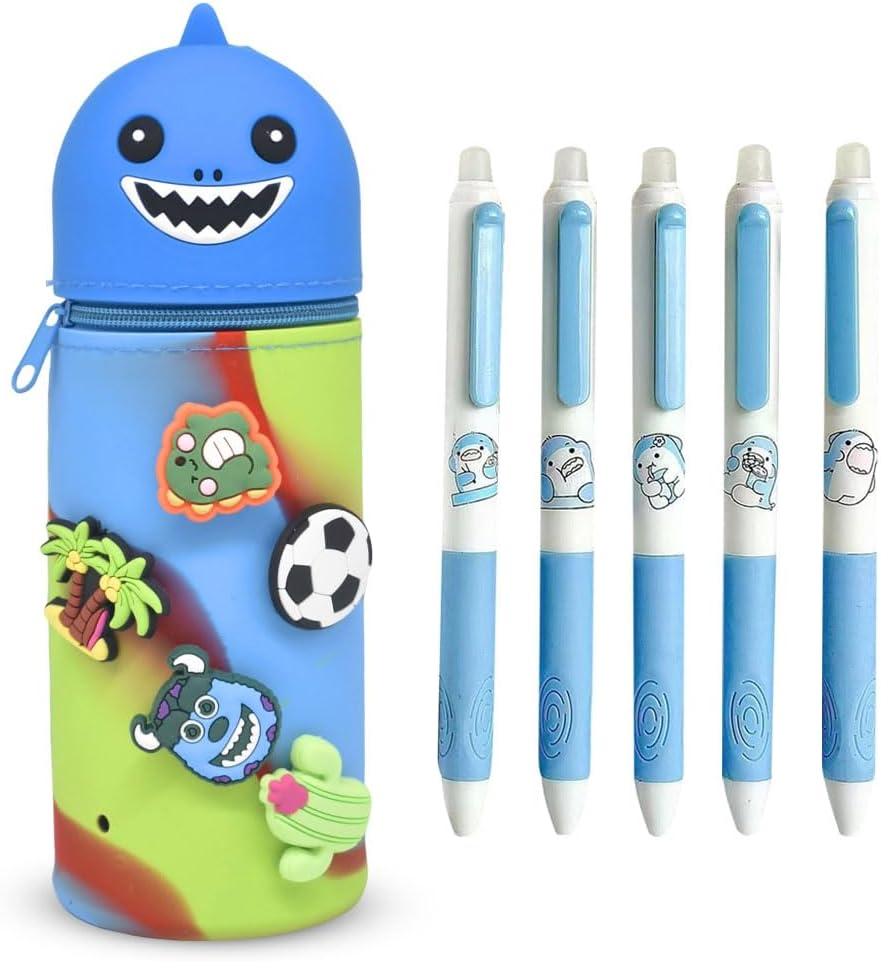 KDFSSIPE 2-In-1 Soft Silicone Case Kawaii Pencil Case and 5 Pieces Erasable Retractable Pens, Pencil Case, Stand up Pencil Case, Animal Pen Holder, Pencil Bag Girls Boys (Shark) image number 2