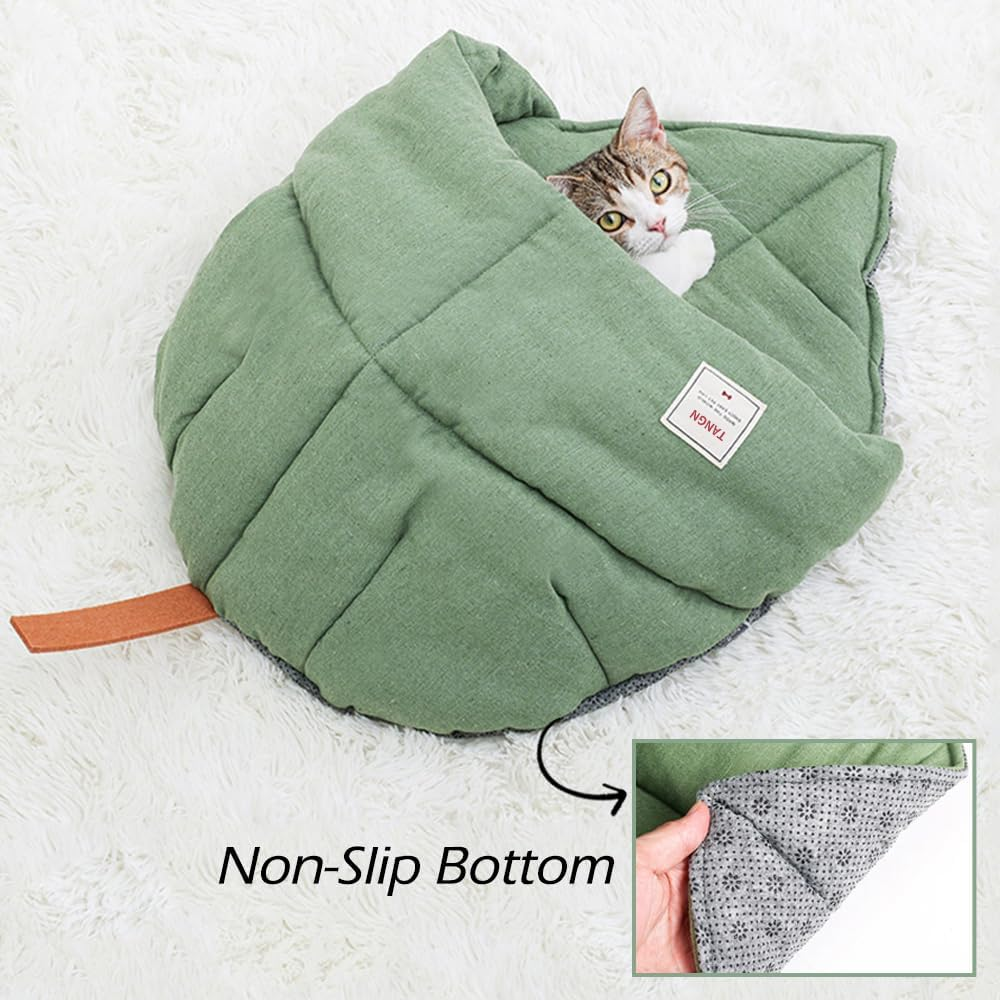 TANGN Cat Sleeping Bag, Linen Fabric Bed Cave Leaf Nest Pet Cuddle Zone Covered Hide Hood Burrowing Cozy Soft Durable Washable with Non-Slip Bottom for Indoor Puppy and Kitten (Green), PD50082 image number 3