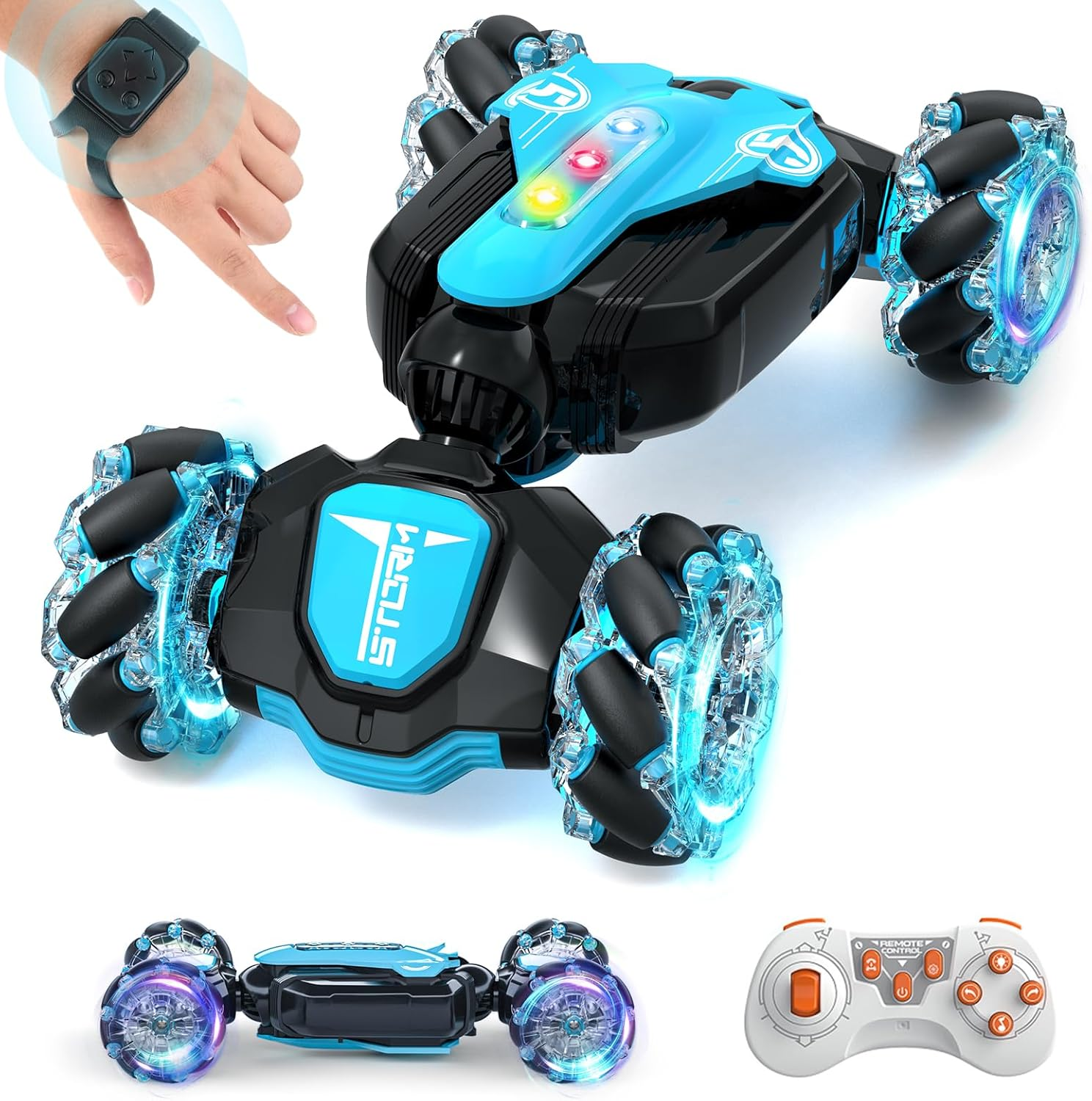 RC Stunt Car 4WD Remote Control Gesture Sensing Toy Cars, Drift Hand Controlled Double Sided Rotating off Road Vehicle 360&deg; Flips with Lights Music, for 6-12 Year Old Boys & Girls Birthday (Blue)