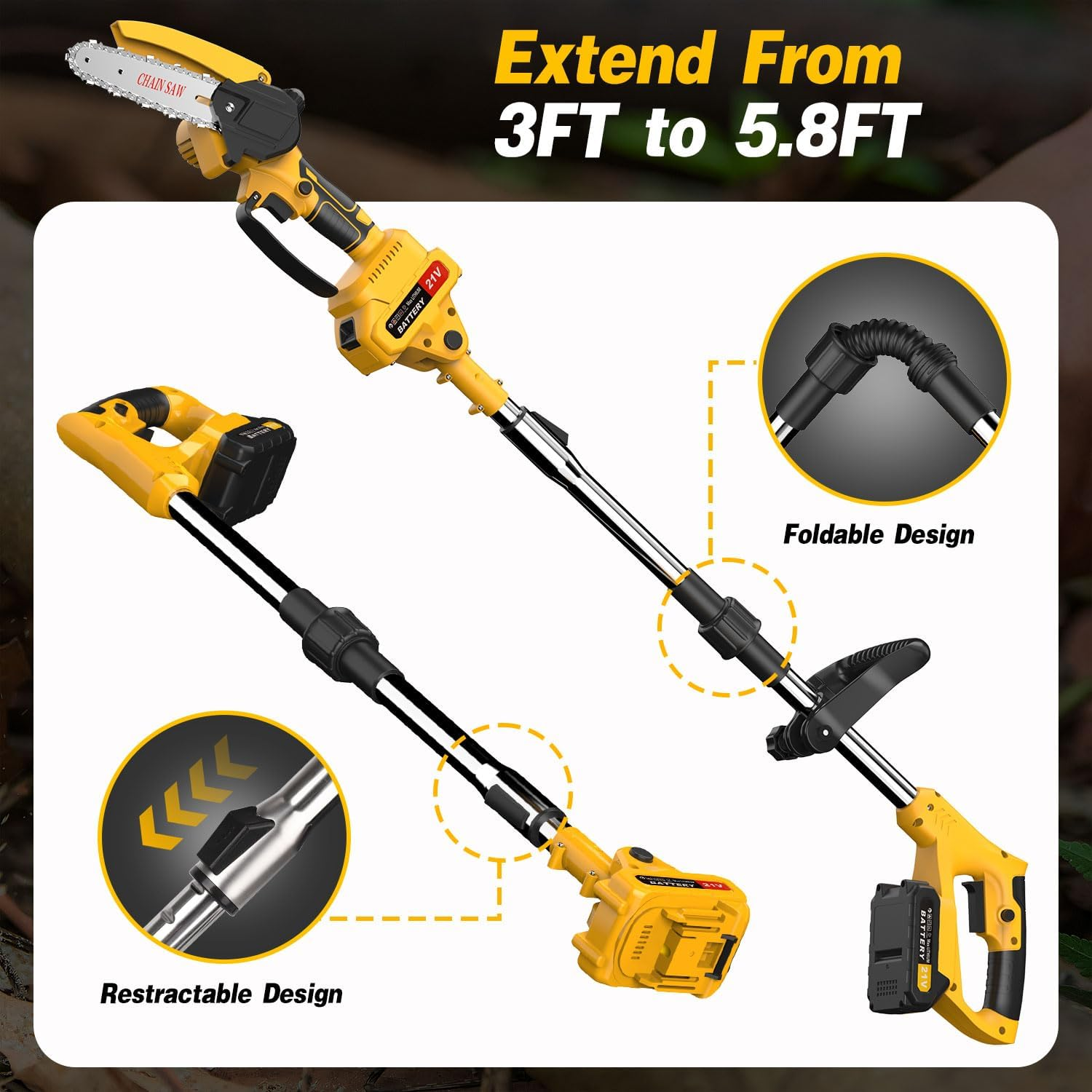 Cordless Pole Saw & Mini Chainsaw,2-In-1 6 Inch Electric Handheld Chain Saw with 2 * 2000Ma Batteries Powered Saw 5 Feet MAX for Trees Trimming Wood Cutting, Perfect for Men Dad Garden Tools