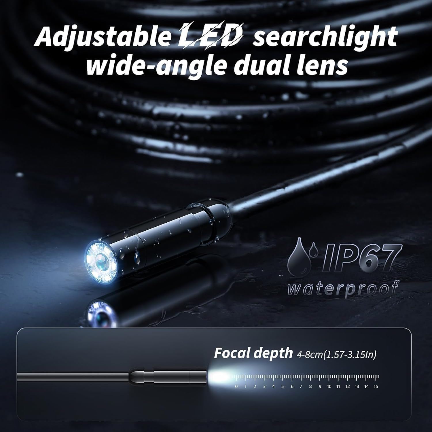 Endoscope Camera with Light, 1920P Inspection Camera, with 2.4-Inch Color Display Borescope, Waterproof Industrial Borescope with 8 Adjustable LED Lights, 16.5Ft Semi-Rigid Cable Sewer Camera image number 5