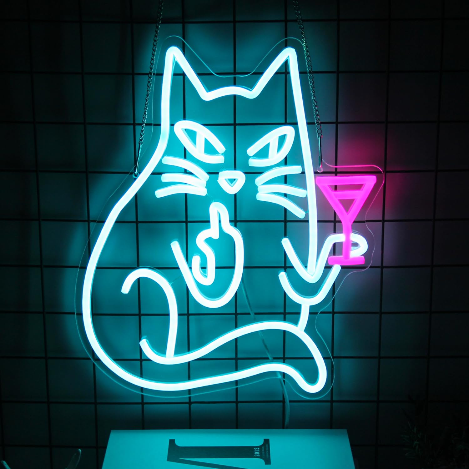 CKTBLEY Cat Drink Wine Neon Sign Funny Animal Bar Neon Signs for Wall Decor Cool Cat Neon Light Blue Pink Acrylic LED Neon Lights Signs for Bedroom Bar Man Cave Game Room Party Decor - Blue Pink image number 3