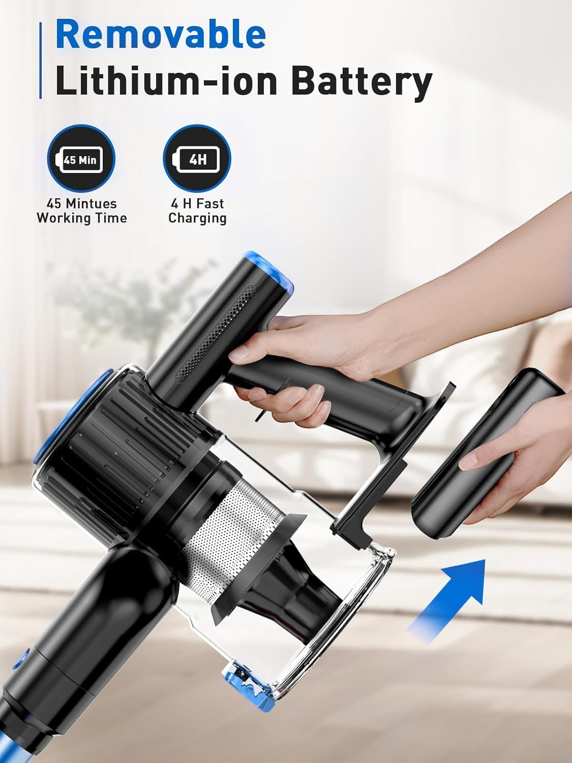 Cordless Vacuum Cleaner, 8-In-1 Stick Vacuum with LED Display & 3 Modes Suction, Detachable Battery, Lightweight Vacuum Cleaner for Home Hardwood Floors Carpets and Pet Hair (Blue) image number 6