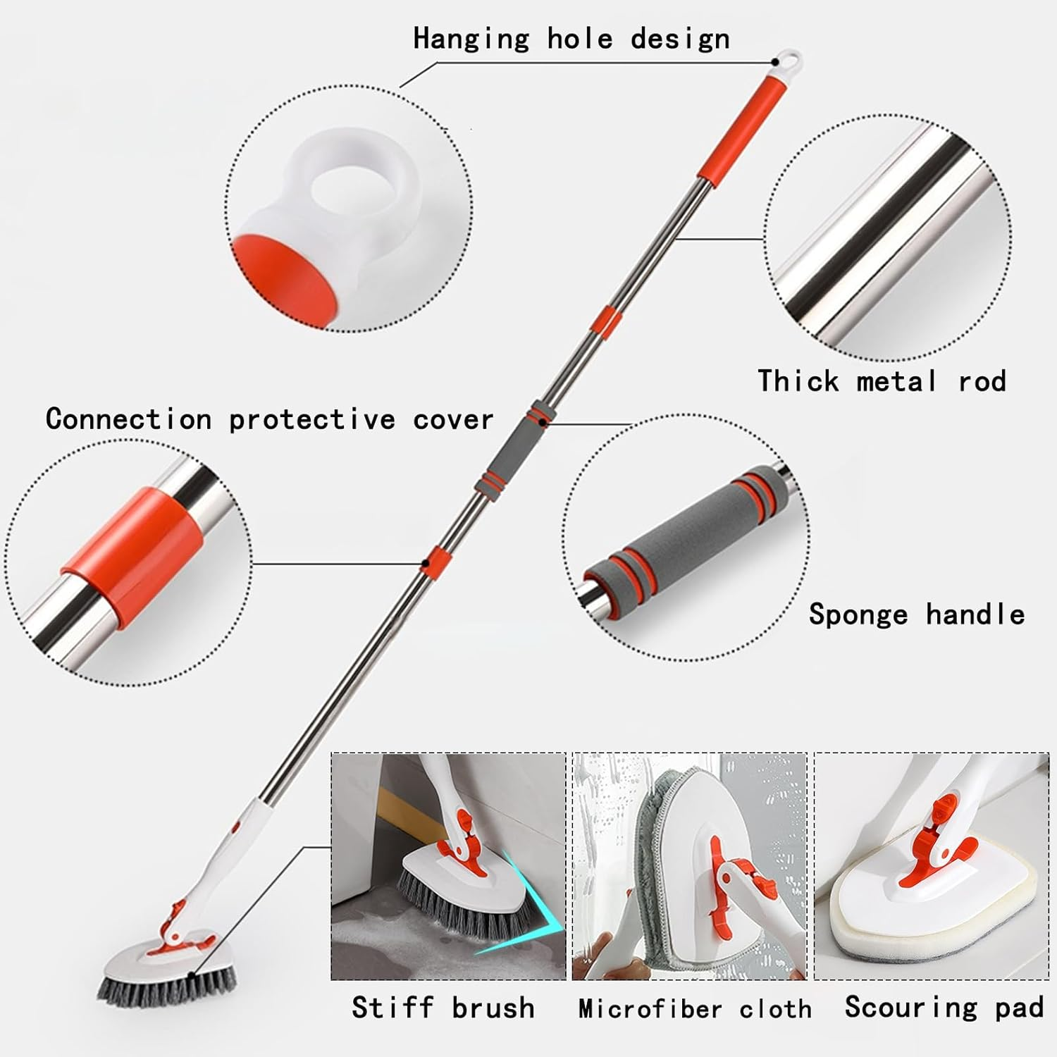 54Inch Adjustable Tub and Tile Scrubber, Scrub Cleaning Brush with Long Handle, with 1 Stiff Bristles,1Microfiber Pad and 2 Sponge Brush, for Cleaning Bathroom Shower Bathtub Glass Tile Floor image number 1