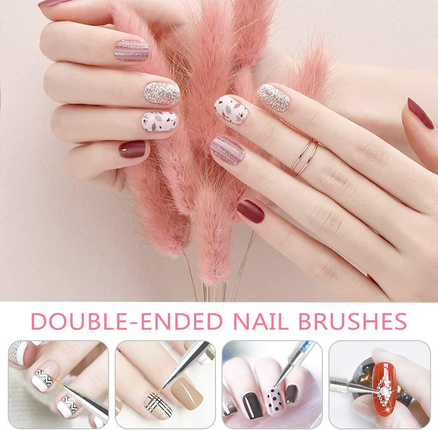 TEOYALL Double-Ended Nail Art Brushes, 5 PCS Nail Design Tools Kit Including Nail Liner Brush and Nail Dotting Pens for UV Gel Nail Home Salon image number 1